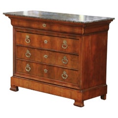 Cassettiera in mogano Louis Philippe del XIX secolo con piano in marmo grigio