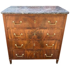 19th c French Louis Philippe Mahogany Veneer Chest of Drawers with Marble Top