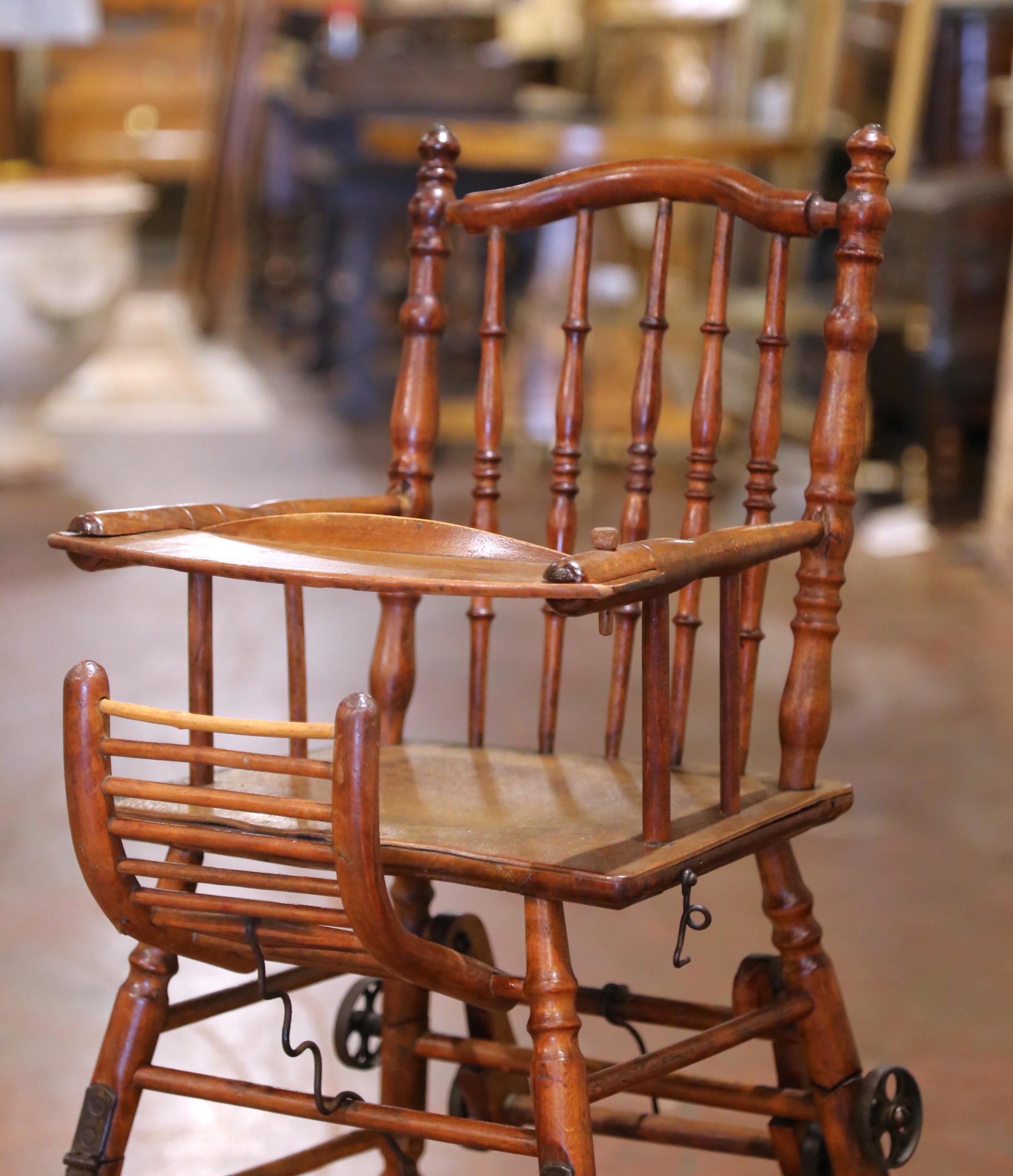 Hand-Carved 19th C. French Louis Philippe Metamorphic Walnut High Chair Into Rolling Pram For Sale