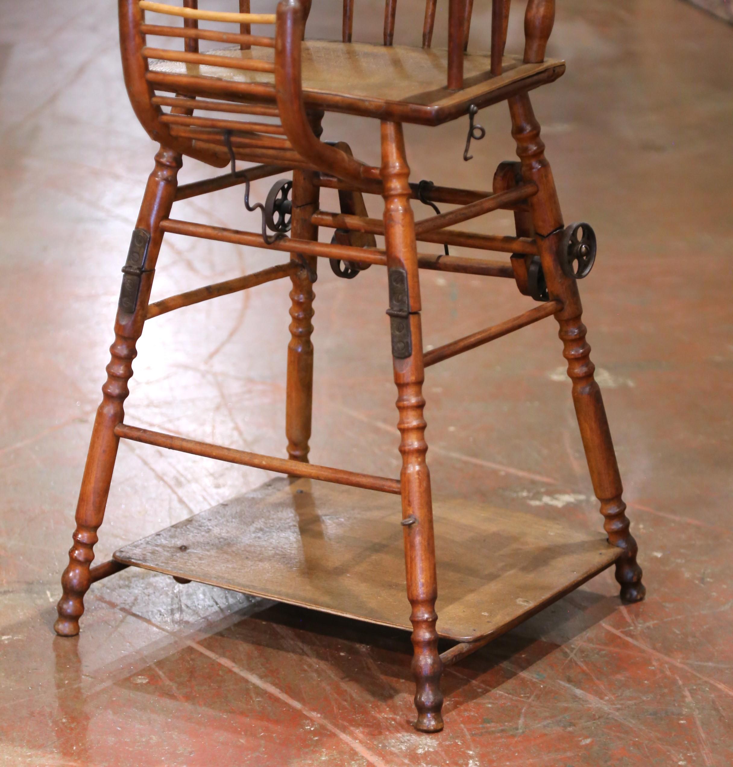 19th C. French Louis Philippe Metamorphic Walnut High Chair Into Rolling Pram In Excellent Condition For Sale In Dallas, TX