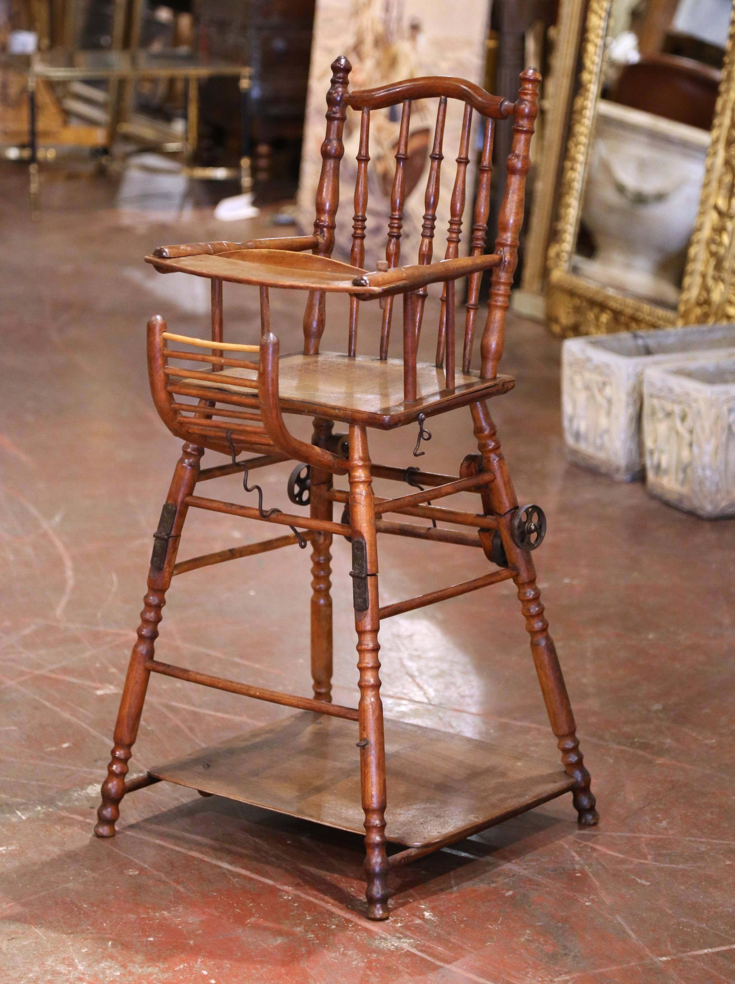 19th Century 19th C. French Louis Philippe Metamorphic Walnut High Chair Into Rolling Pram For Sale