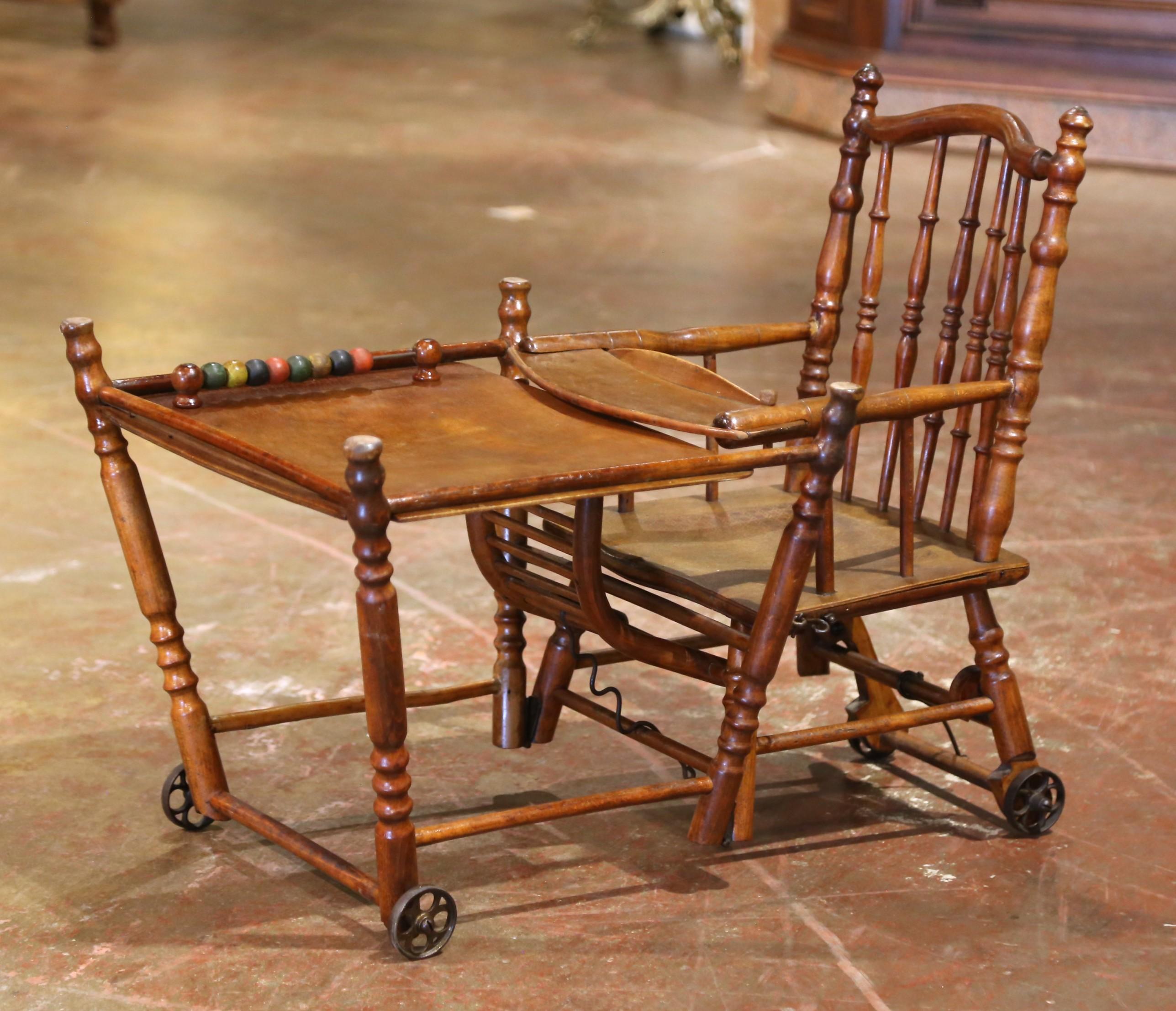 19th C. French Louis Philippe Metamorphic Walnut High Chair Into Rolling Pram For Sale 4