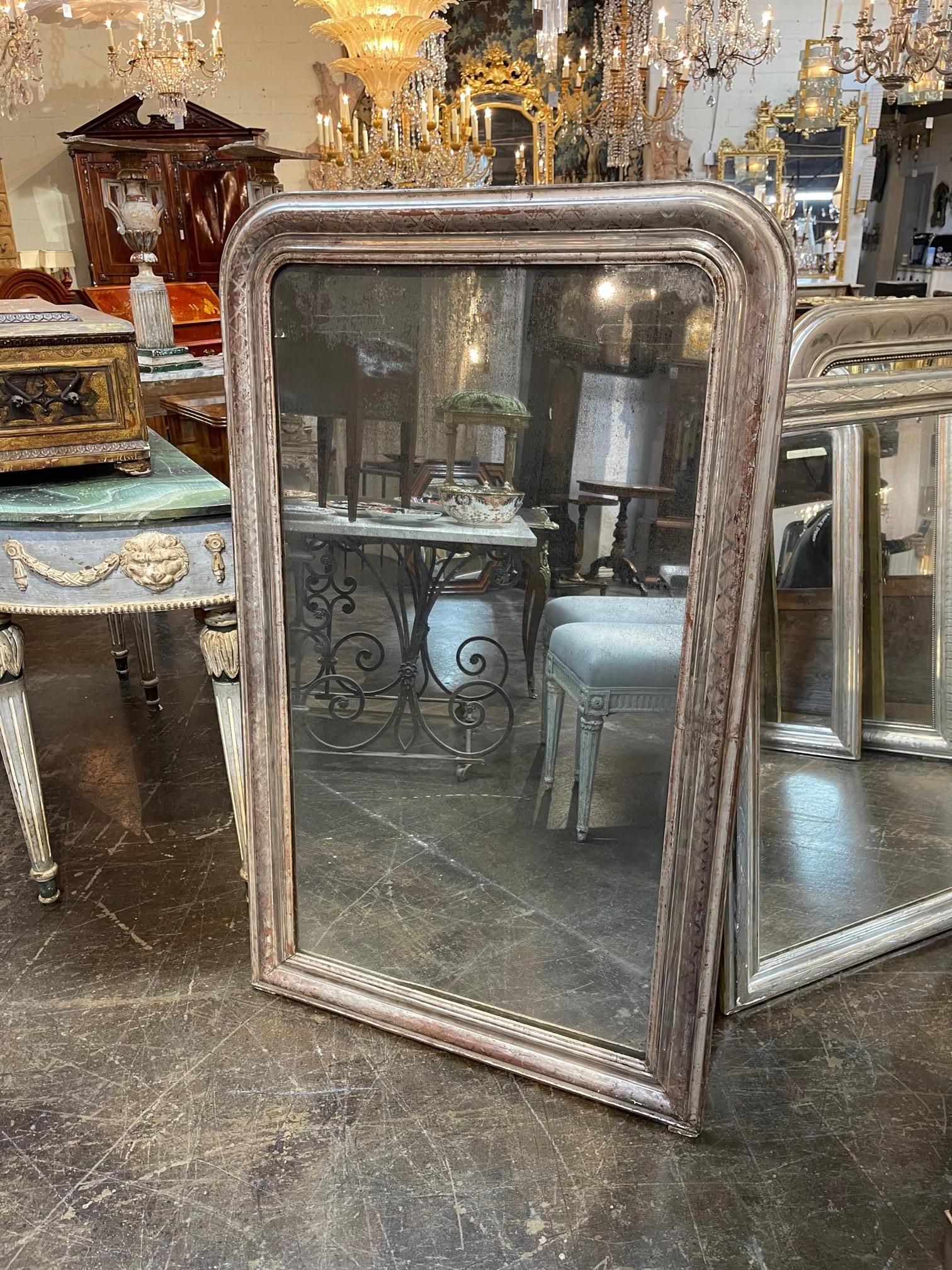 19th C French Louis Philippe Silver Leaf Mirror In Good Condition In Dallas, TX