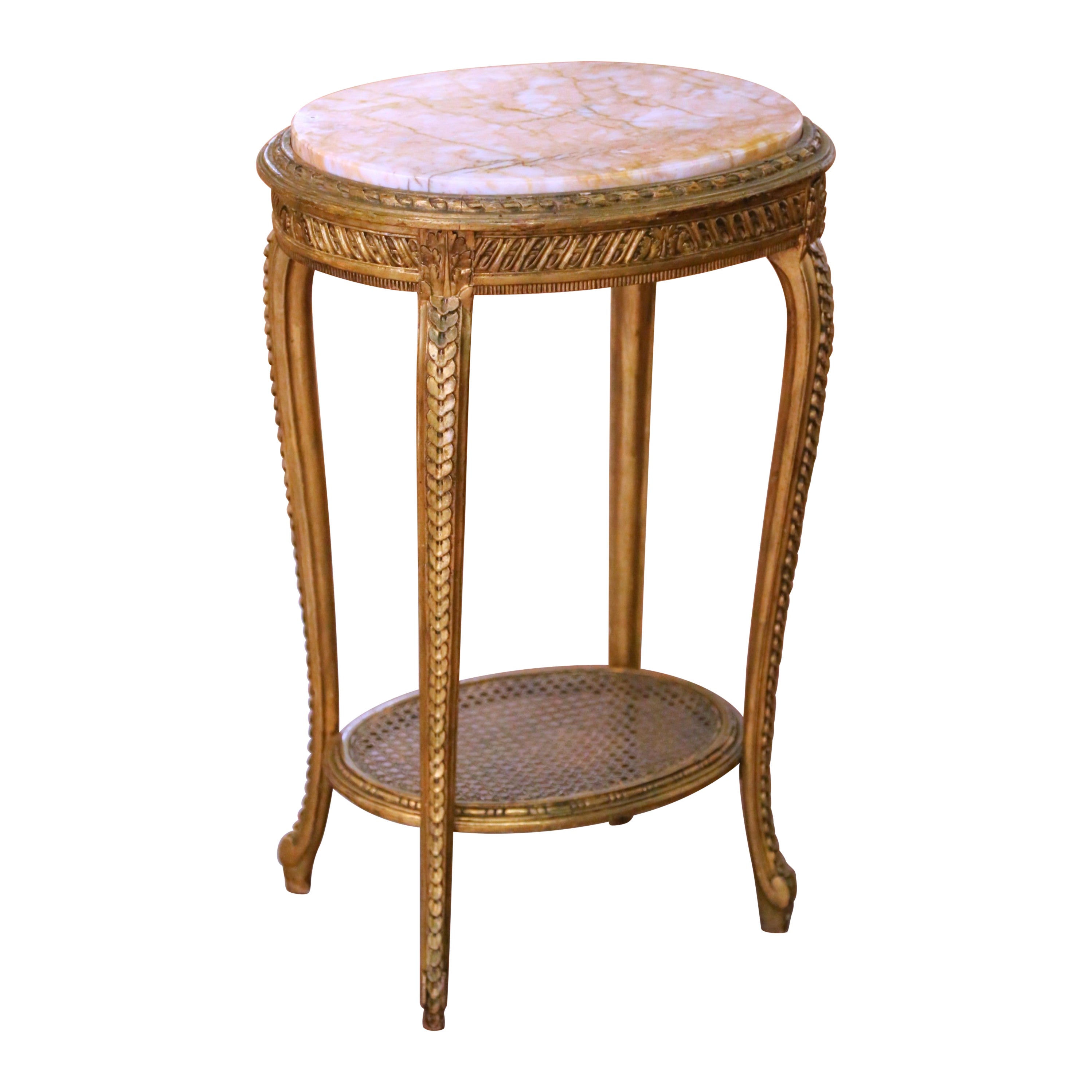 Mesa auxiliar francesa Guéridon dorada Luis XV del S. XIX con tapa de mármol y estante de caña