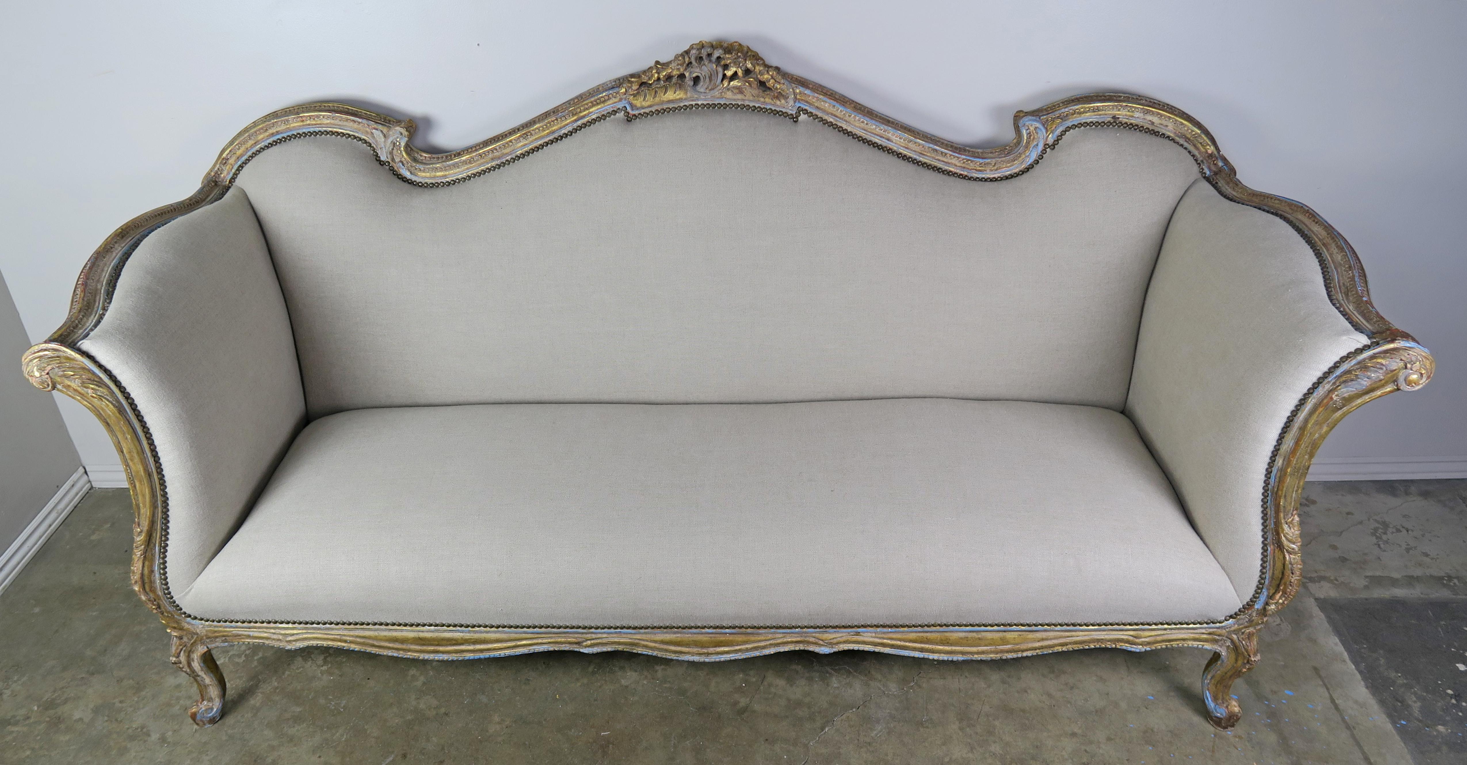 19th Century French Louis XV Painted and Parcel-Gilt Carved Wood Sofa 7