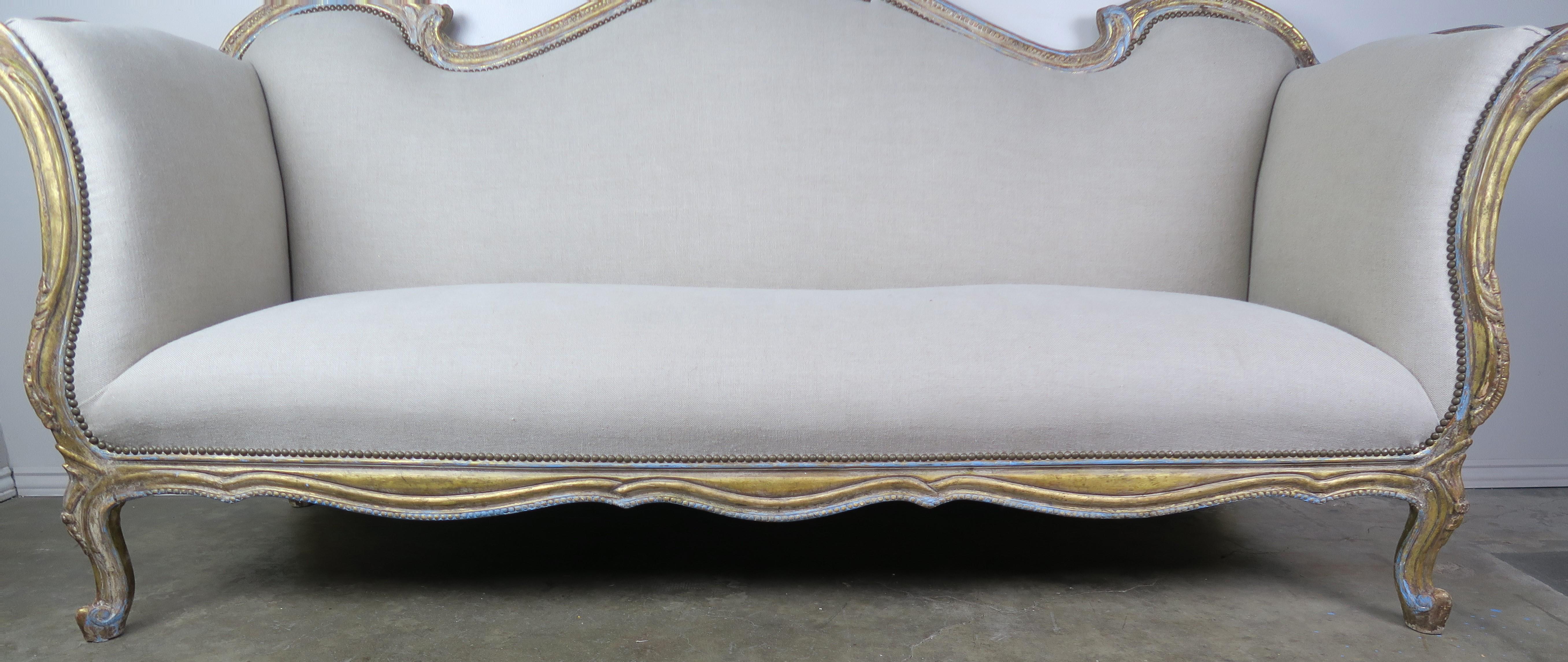 Hand-Carved 19th Century French Louis XV Painted and Parcel-Gilt Carved Wood Sofa