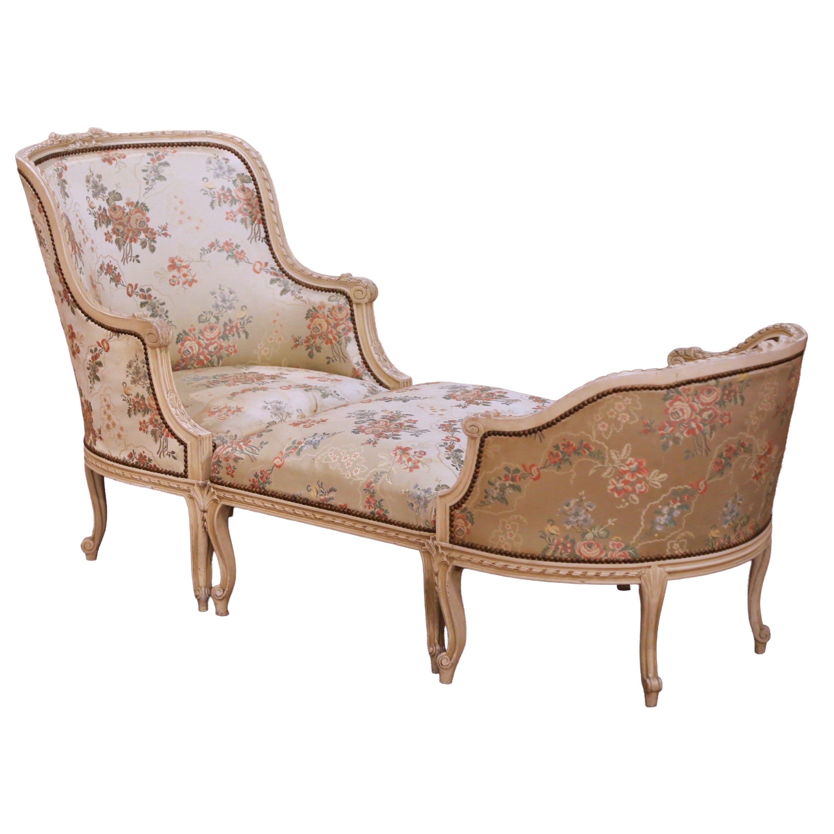 19th C. French Louis XV Provençal Painted Walnut Duchesse Brisée Chaise Longue