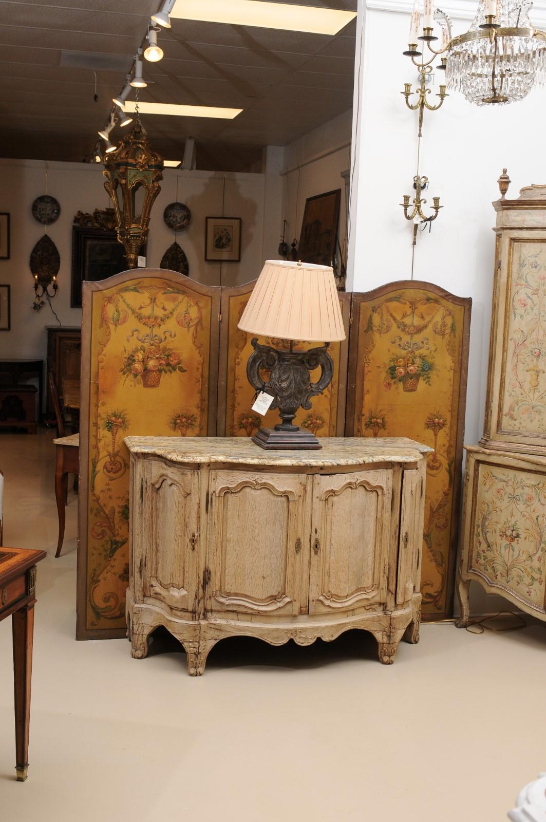 19th C French Louis XV Style Bleached Oak Buffet w/ Serpentine Form & Stone Top For Sale 4