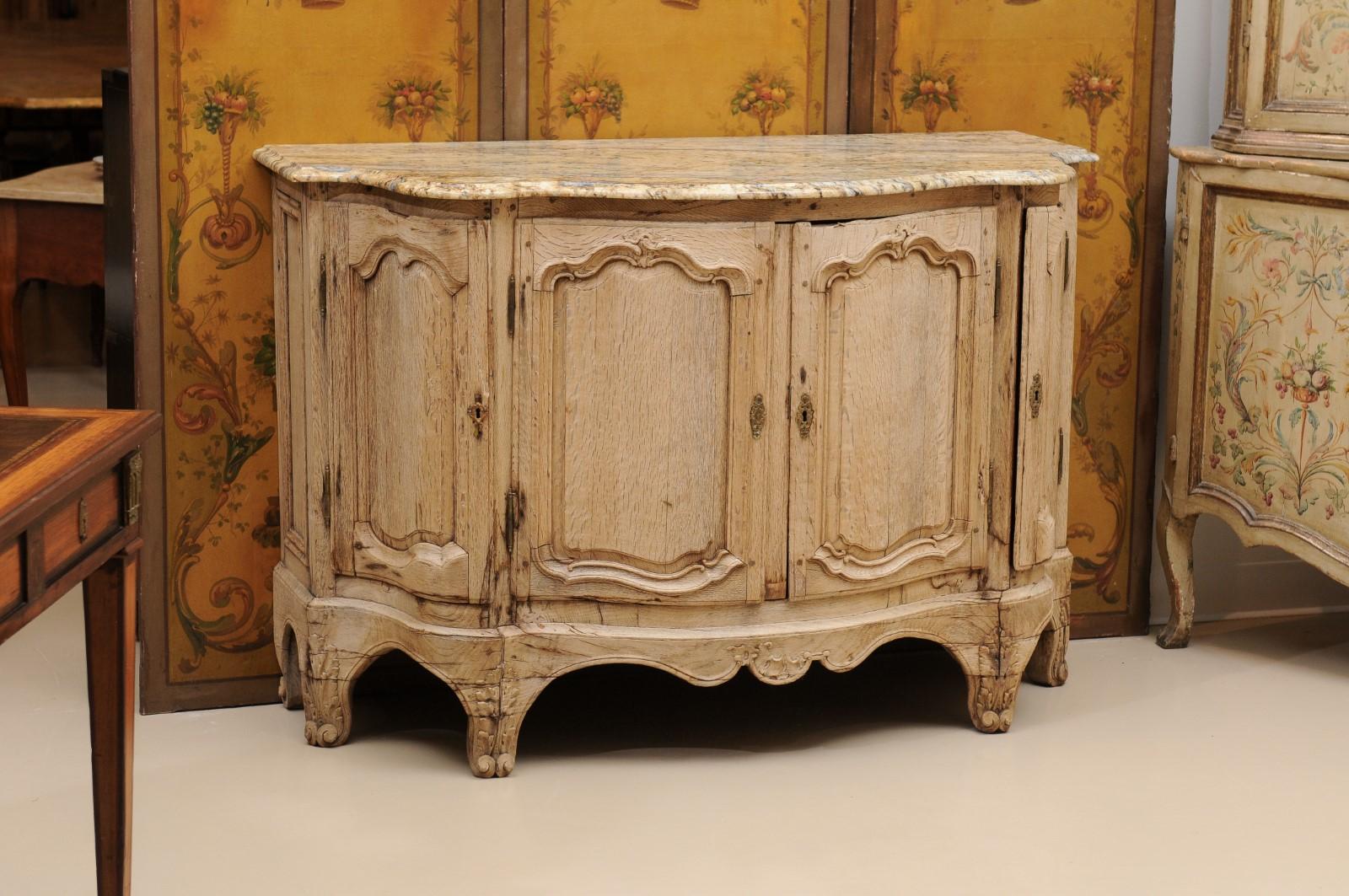19th C French Louis XV Style Bleached Oak Buffet w/ Serpentine Form & Stone Top For Sale 5
