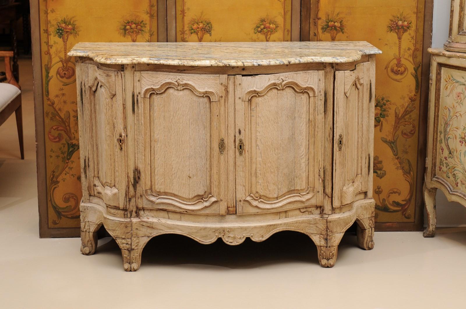19th C French Louis XV Style Bleached Oak Buffet w/ Serpentine Form & Stone Top For Sale 6