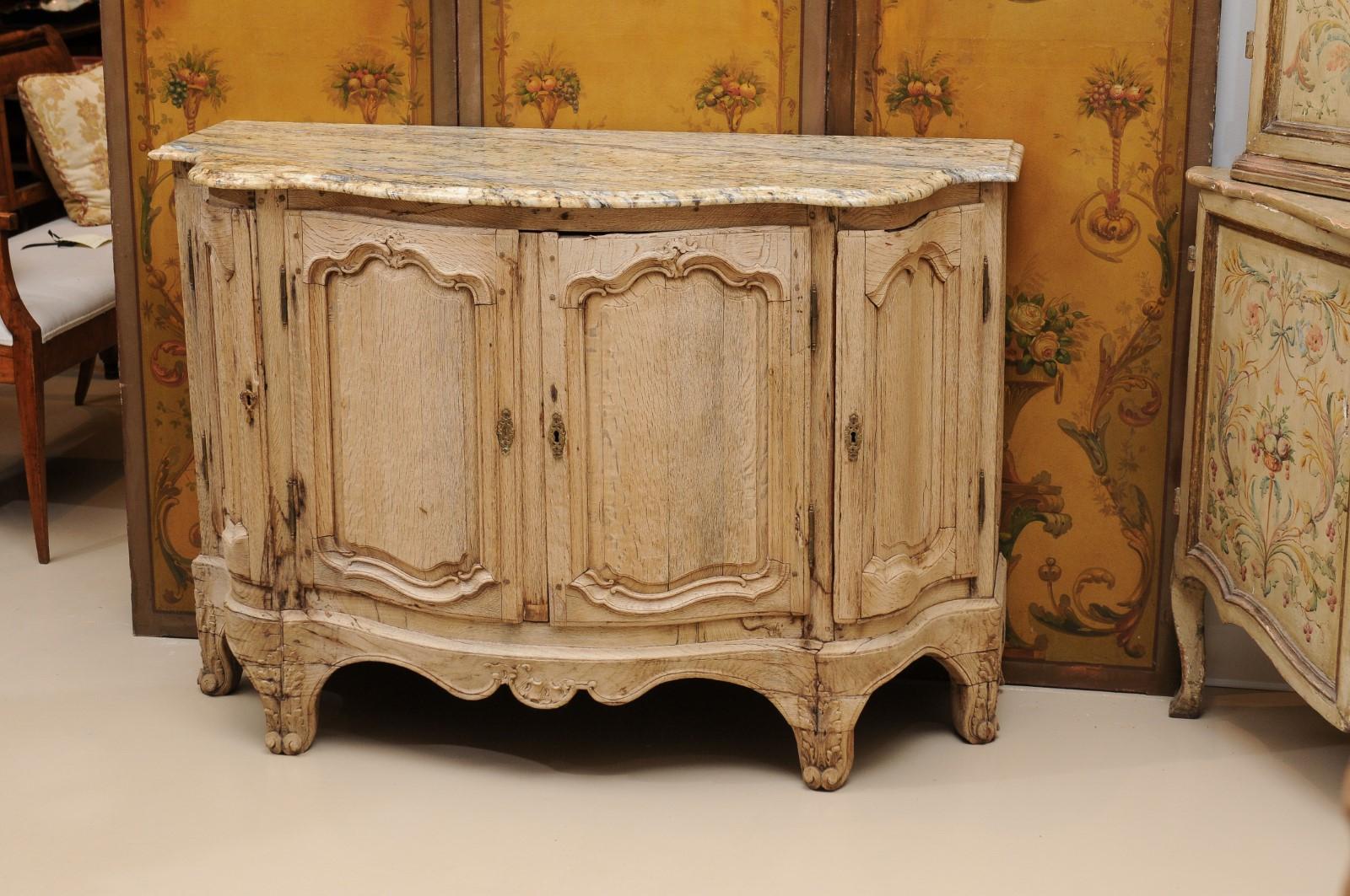 19th C French Louis XV Style Bleached Oak Buffet w/ Serpentine Form & Stone Top For Sale 7