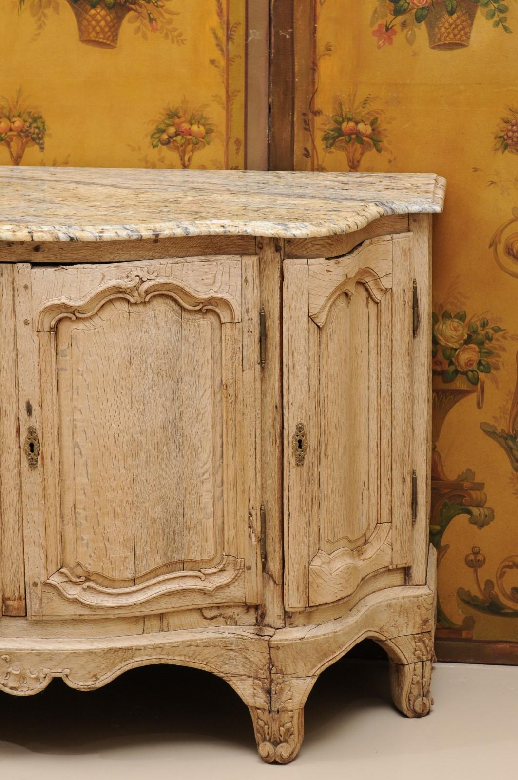 19th C French Louis XV Style Bleached Oak Buffet w/ Serpentine Form & Stone Top For Sale 8