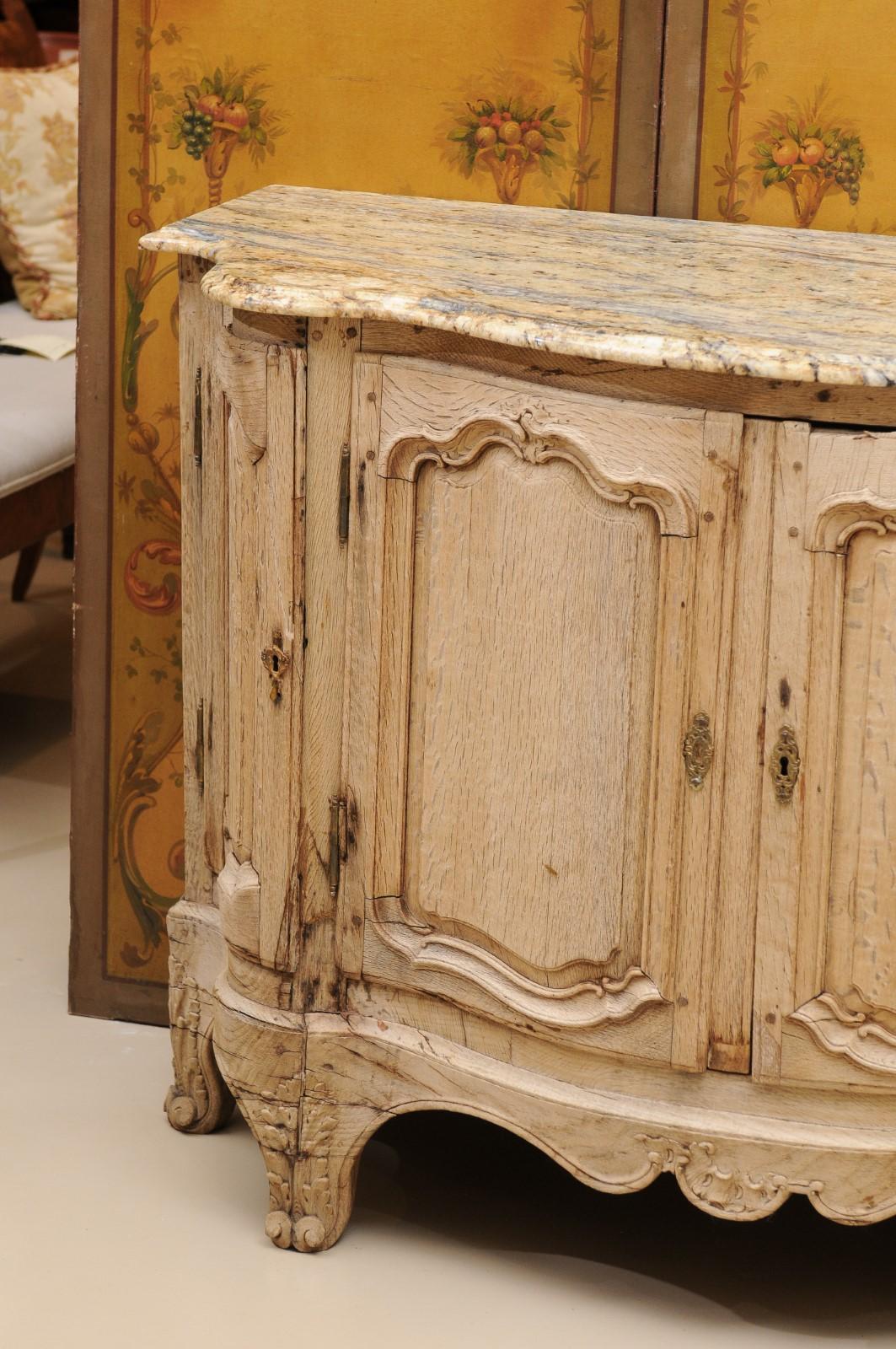 19th Century French Louis XV Style Bleached Oak Buffet with Serpentine Form & Stone Top