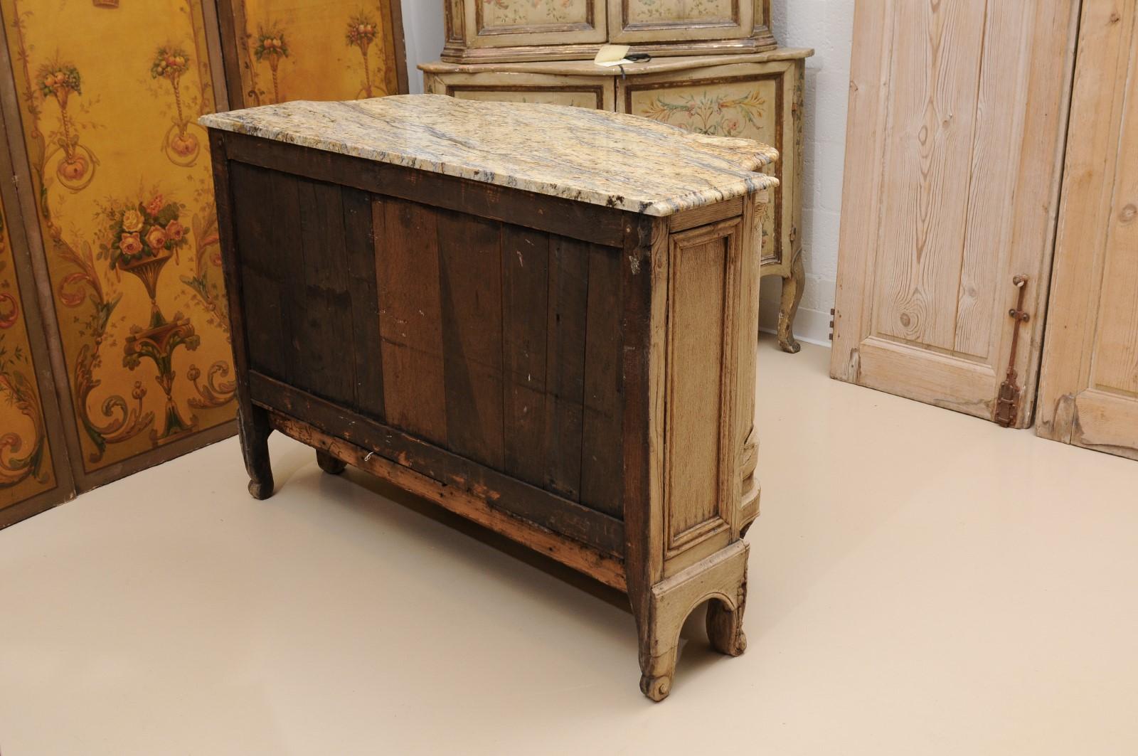 19th C French Louis XV Style Bleached Oak Buffet w/ Serpentine Form & Stone Top For Sale 1