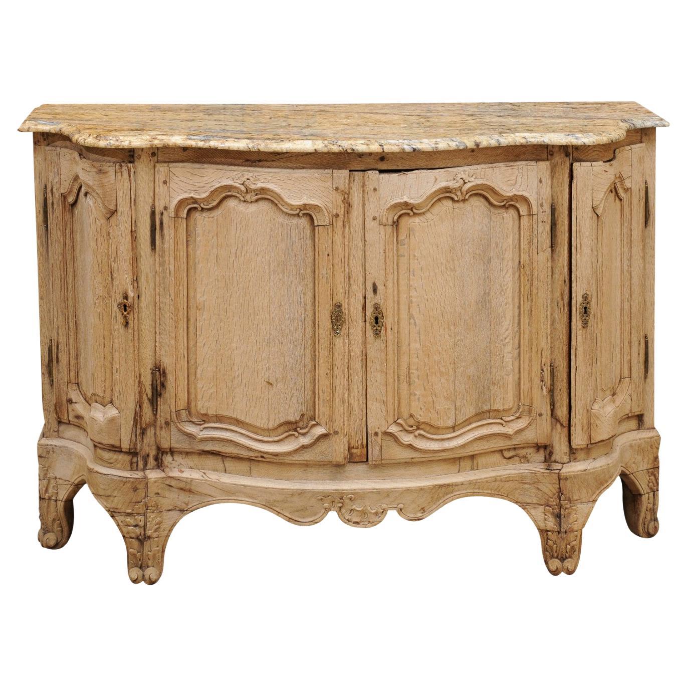 19th C French Louis XV Style Bleached Oak Buffet w/ Serpentine Form & Stone Top For Sale