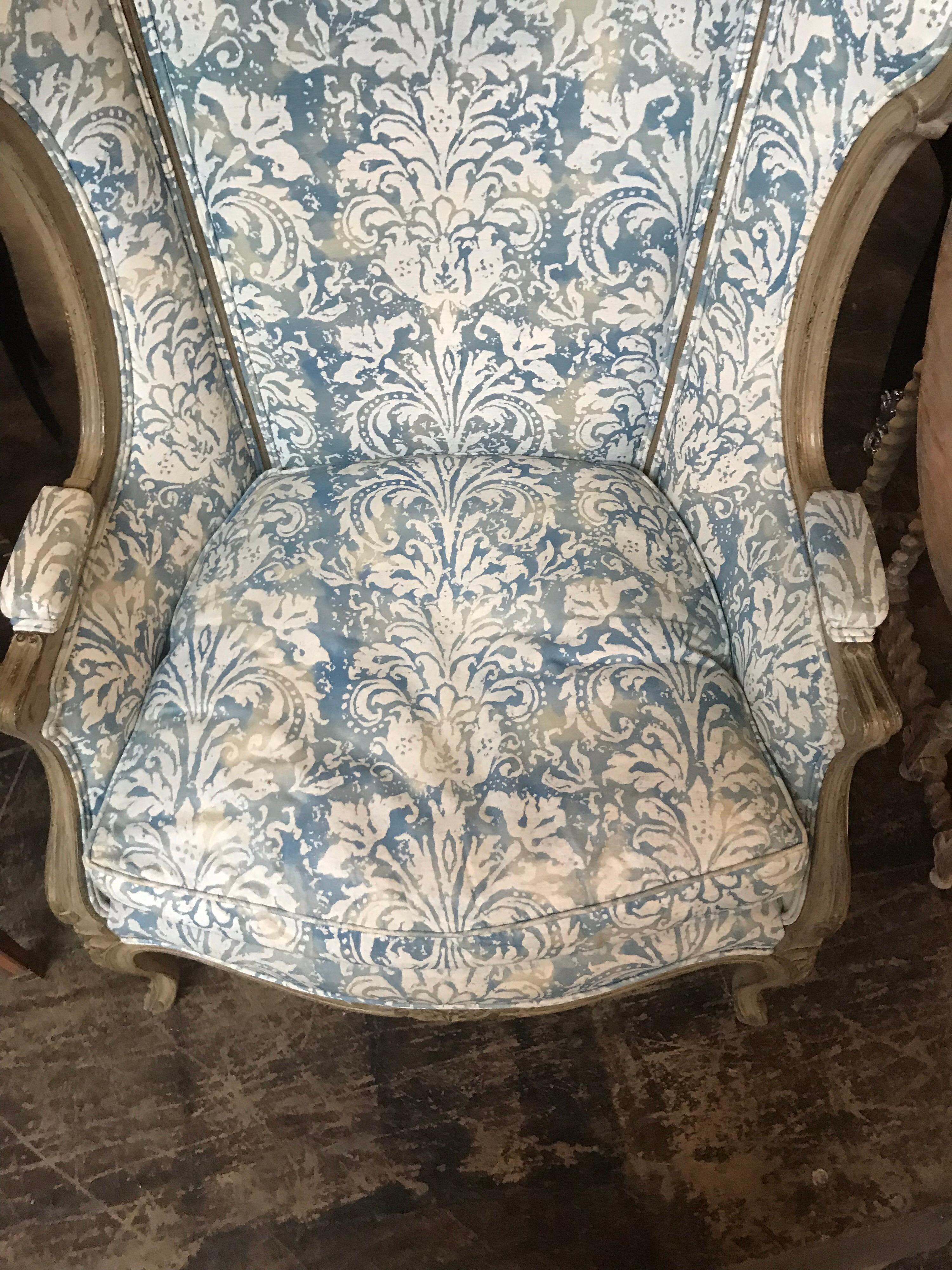 19th Century French Louis XV Style Bonnet Chair with Fortuny Fabric In Good Condition In Dallas, TX