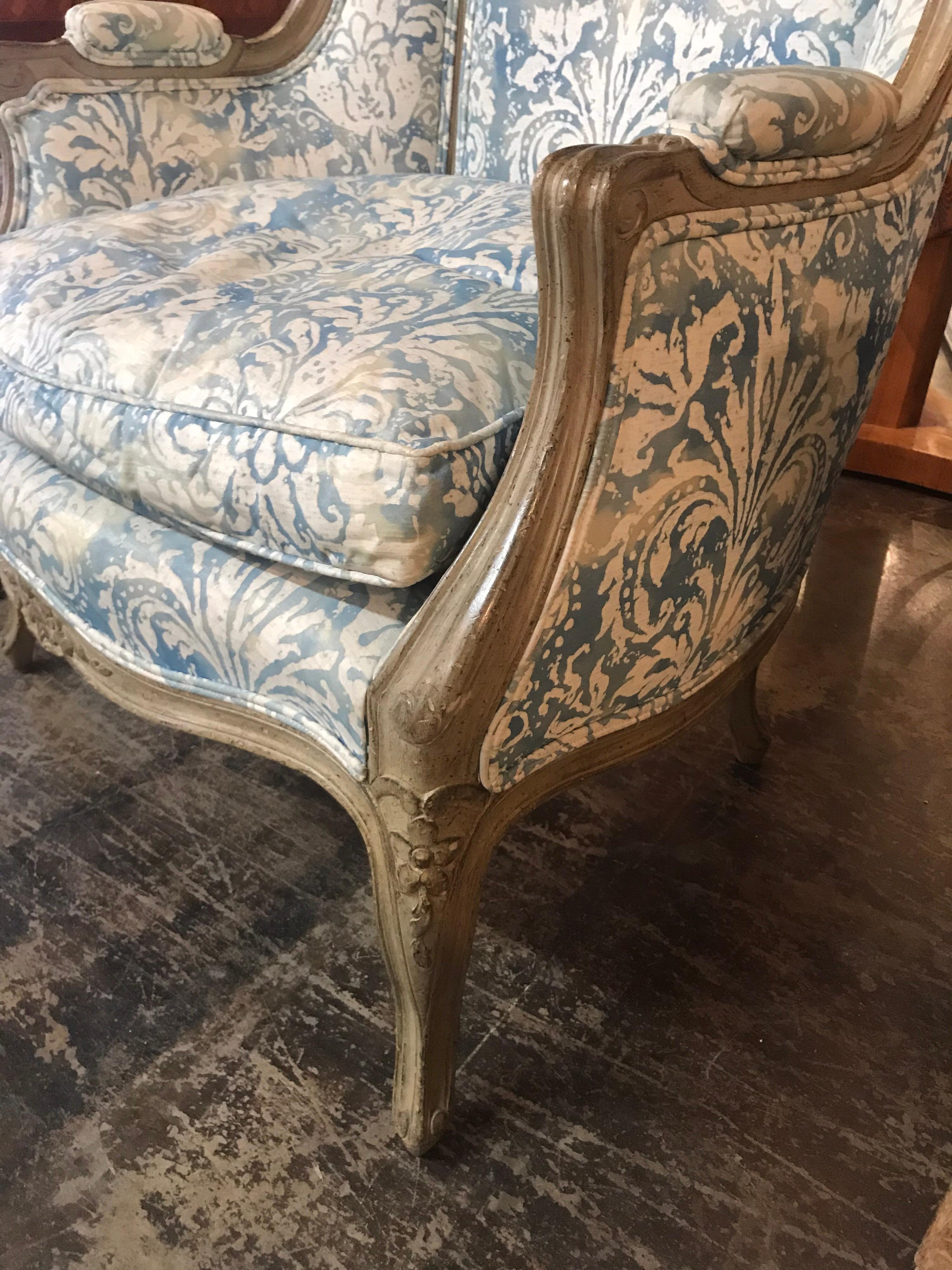 19th Century French Louis XV Style Bonnet Chair with Fortuny Fabric 1