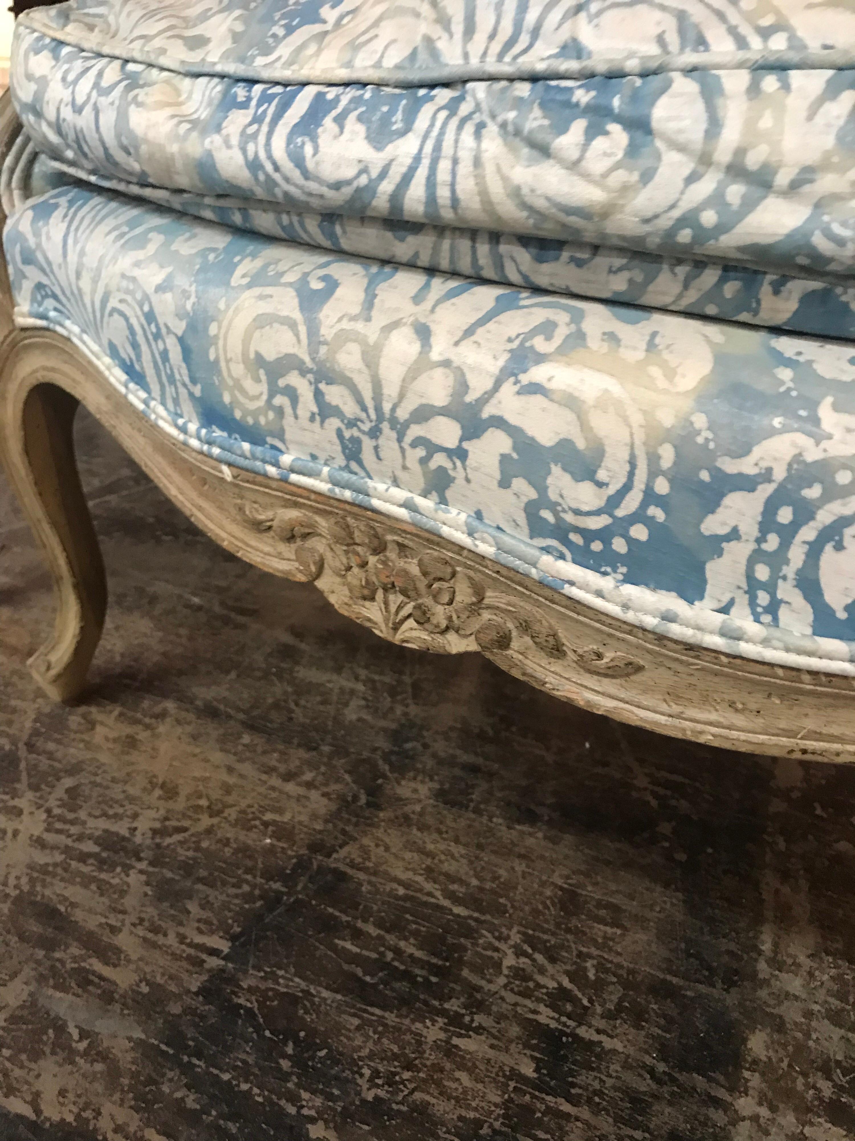19th Century French Louis XV Style Bonnet Chair with Fortuny Fabric 2