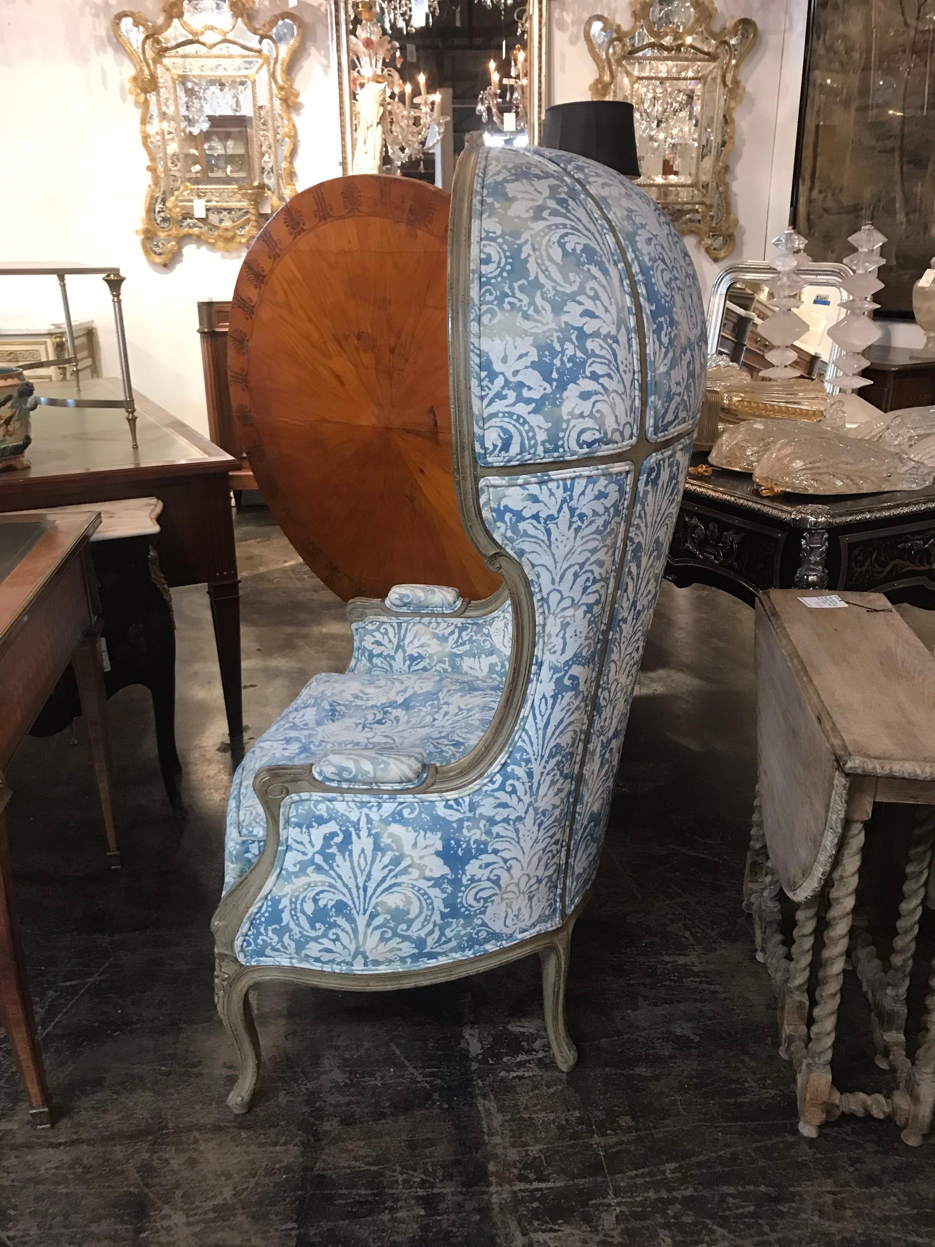 19th Century French Louis XV Style Bonnet Chair with Fortuny Fabric 3