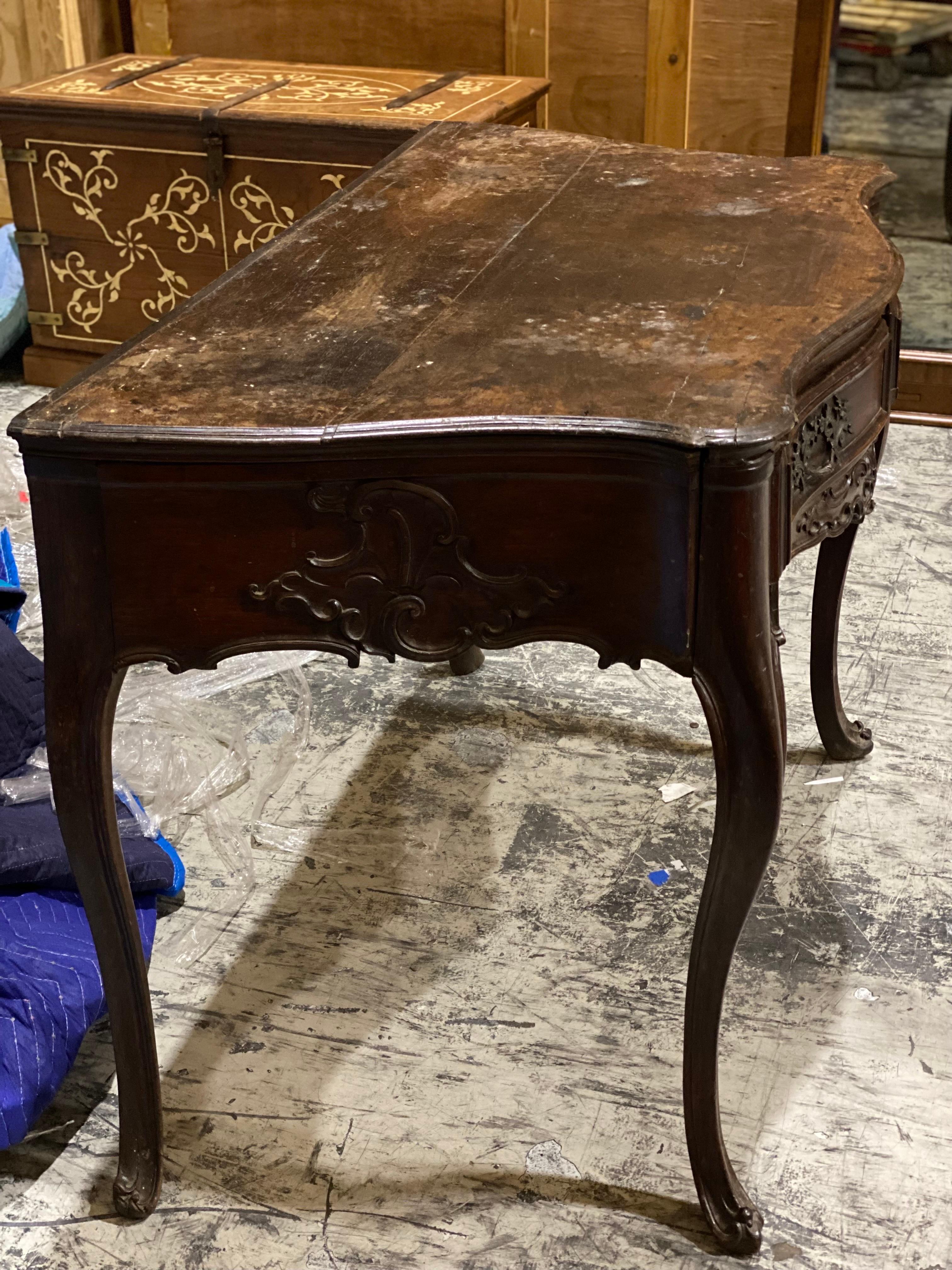 19th C French Louis XV Style Carved Mahogany Two Drawer Table In Fair Condition For Sale In Southampton, NY