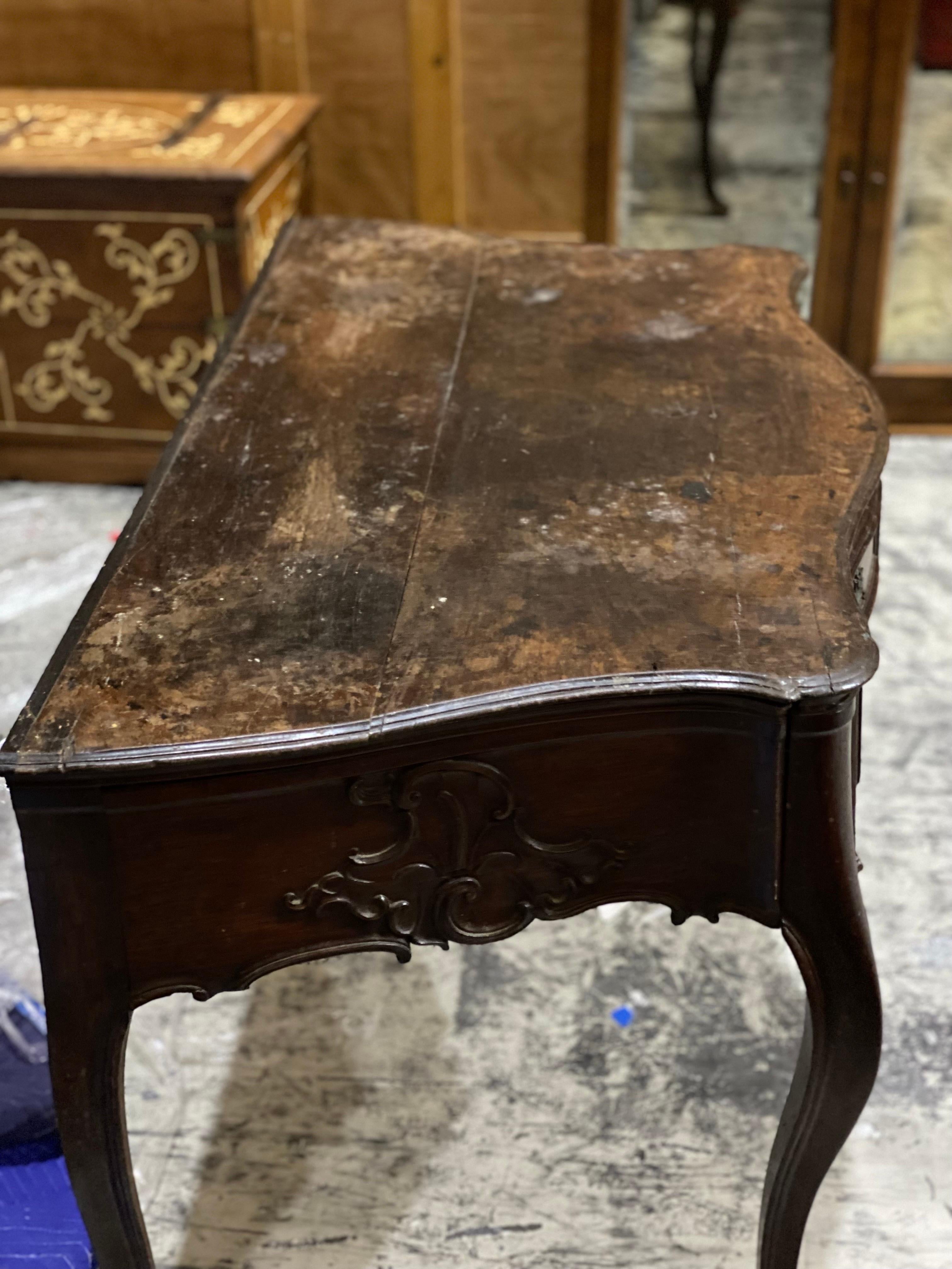 19th C French Louis XV Style Carved Mahogany Two Drawer Table For Sale 4