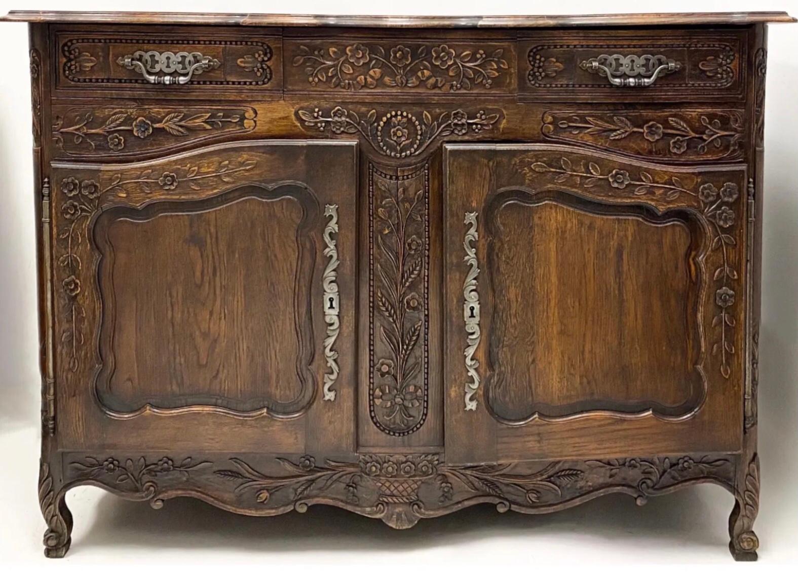 19th Century 19th-C. French Louis XV Style Carved Oak Cabinet or Buffet / Sideboard