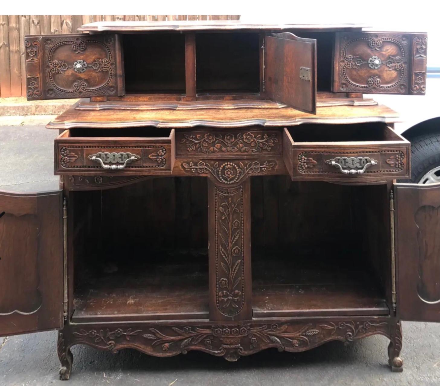 Pewter 19th-C. French Louis XV Style Carved Oak Cabinet or Buffet / Sideboard