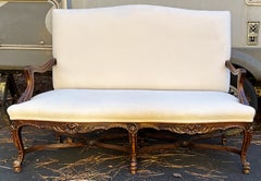 19th-C. French Louis XV Style Carved Walnut Settee With Scroll & Foliate Arms