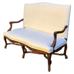 19th-C. French Louis XV Style Carved Walnut Settee With Scroll 
Foliate Arms