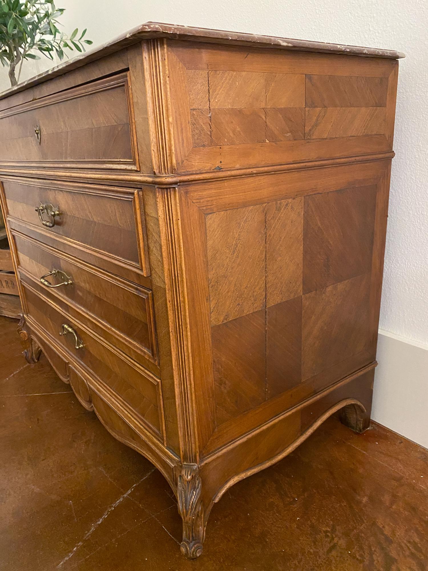 19th Century Louis XV Style Carved Wood Chest with Veneer Details and Marble Top 4