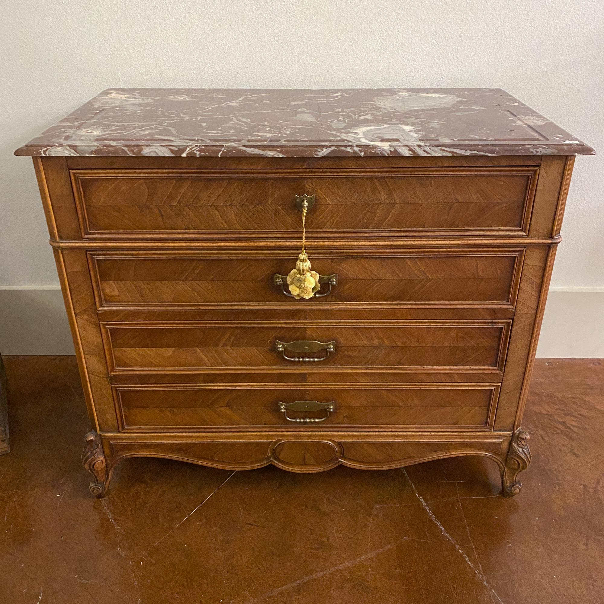 French 19th Century Louis XV Style Carved Wood Chest with Veneer Details and Marble Top