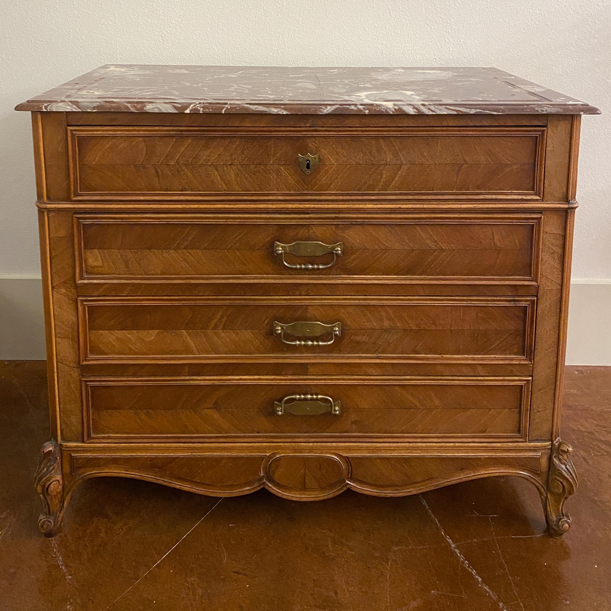 Late 19th Century 19th Century Louis XV Style Carved Wood Chest with Veneer Details and Marble Top