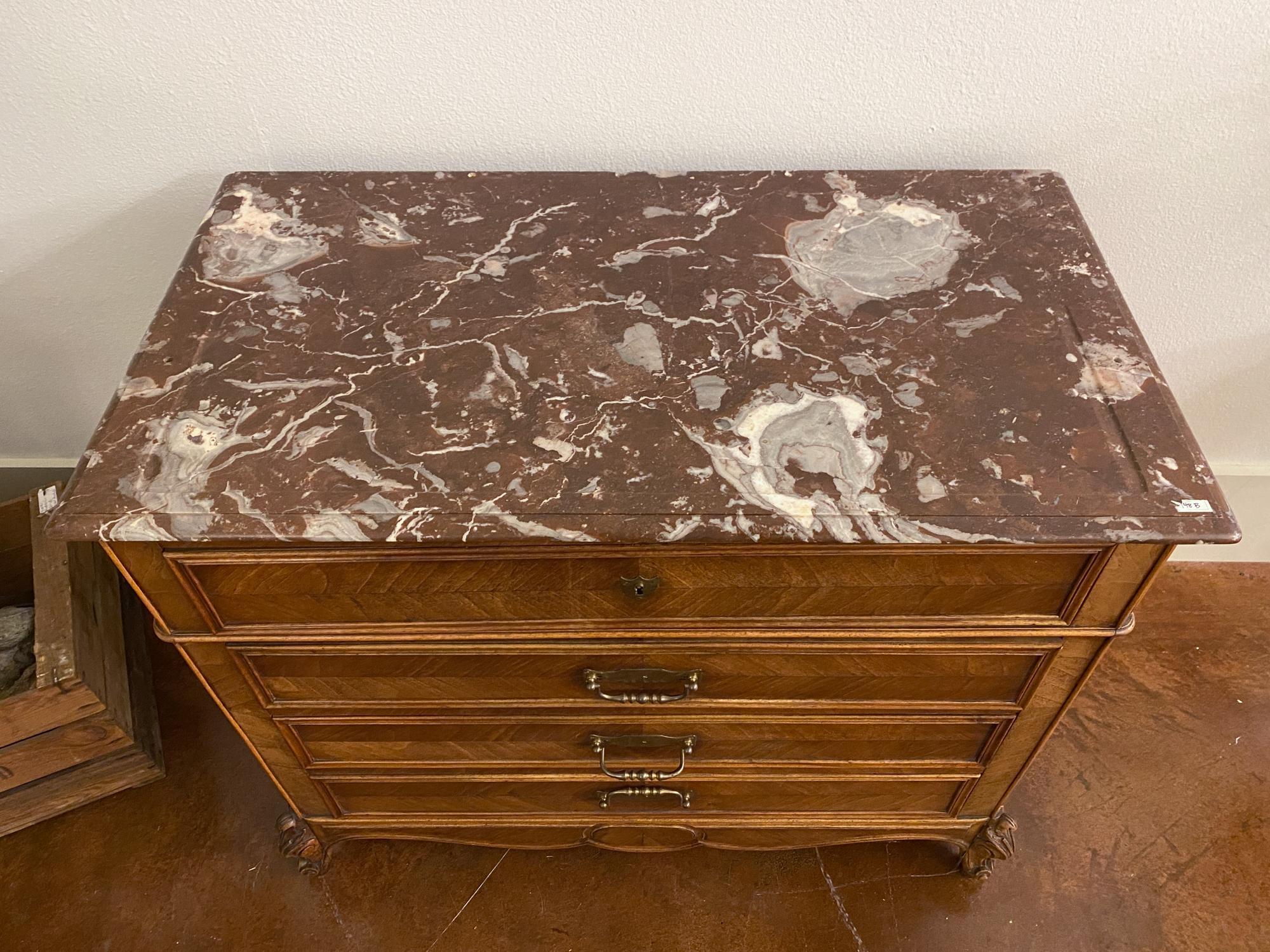 19th Century Louis XV Style Carved Wood Chest with Veneer Details and Marble Top 1
