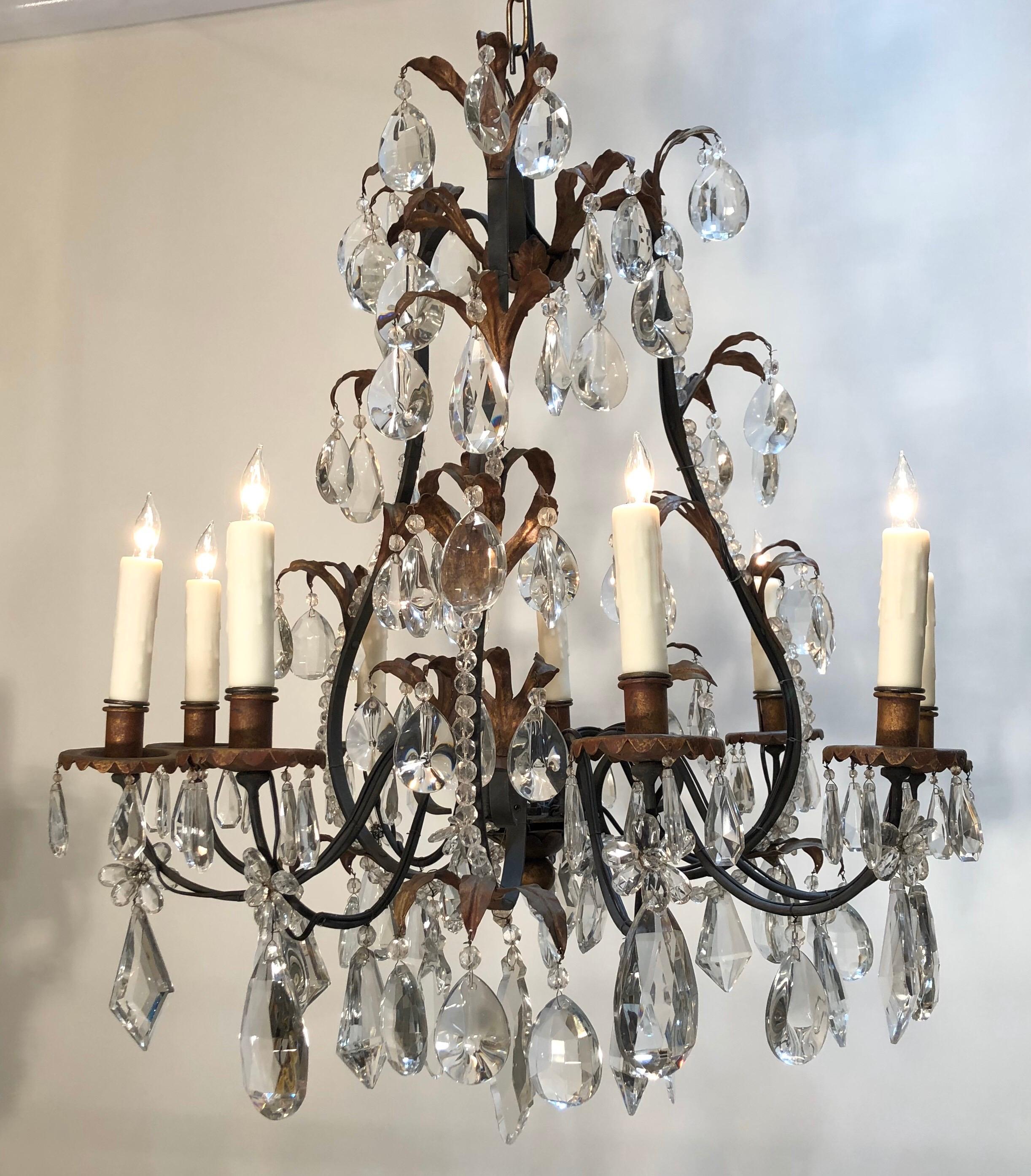 19th Century French Louis XV Style Chinoiserie Iron and Crystal Chandelier For Sale 7