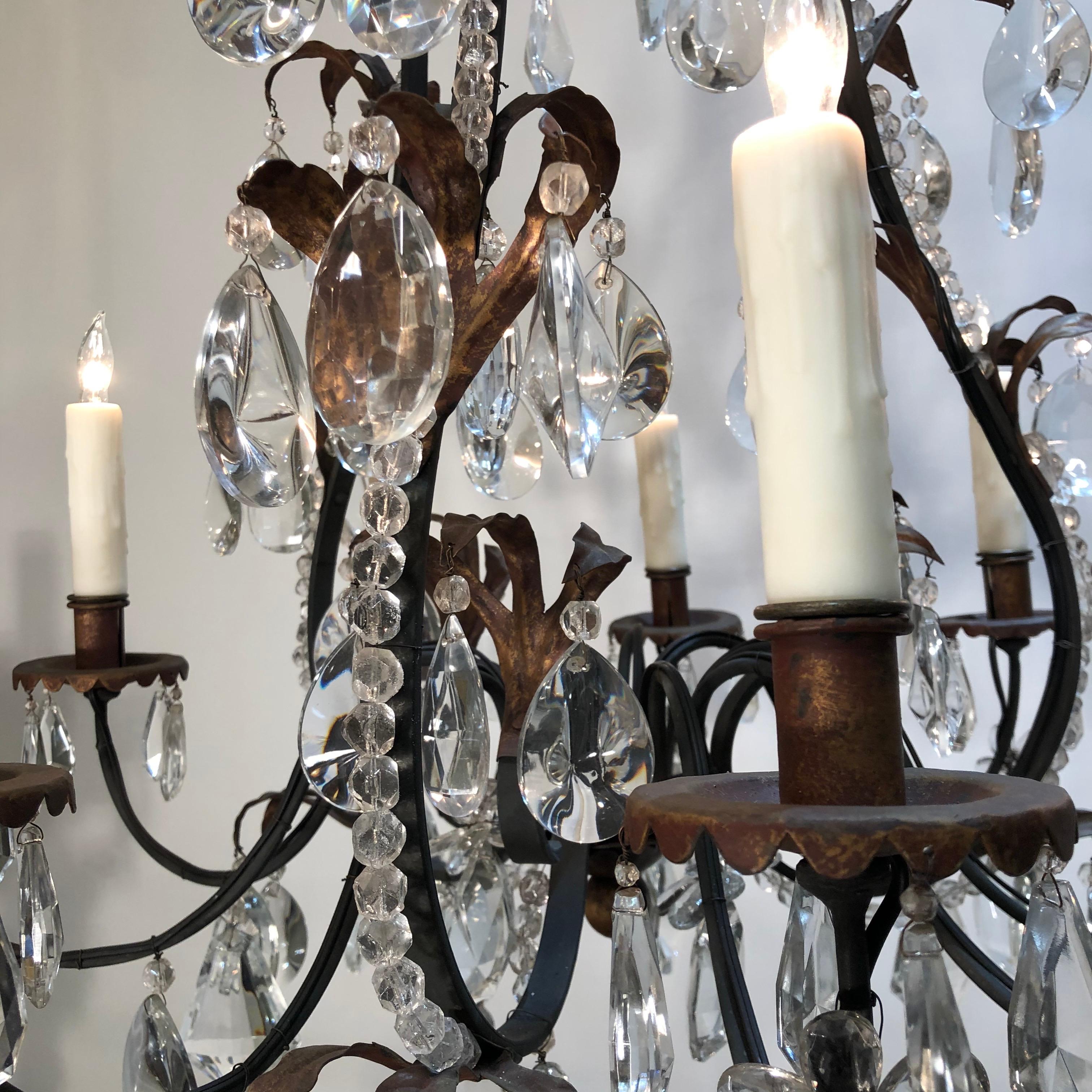 19th Century French Louis XV Style Chinoiserie Iron and Crystal Chandelier For Sale 9