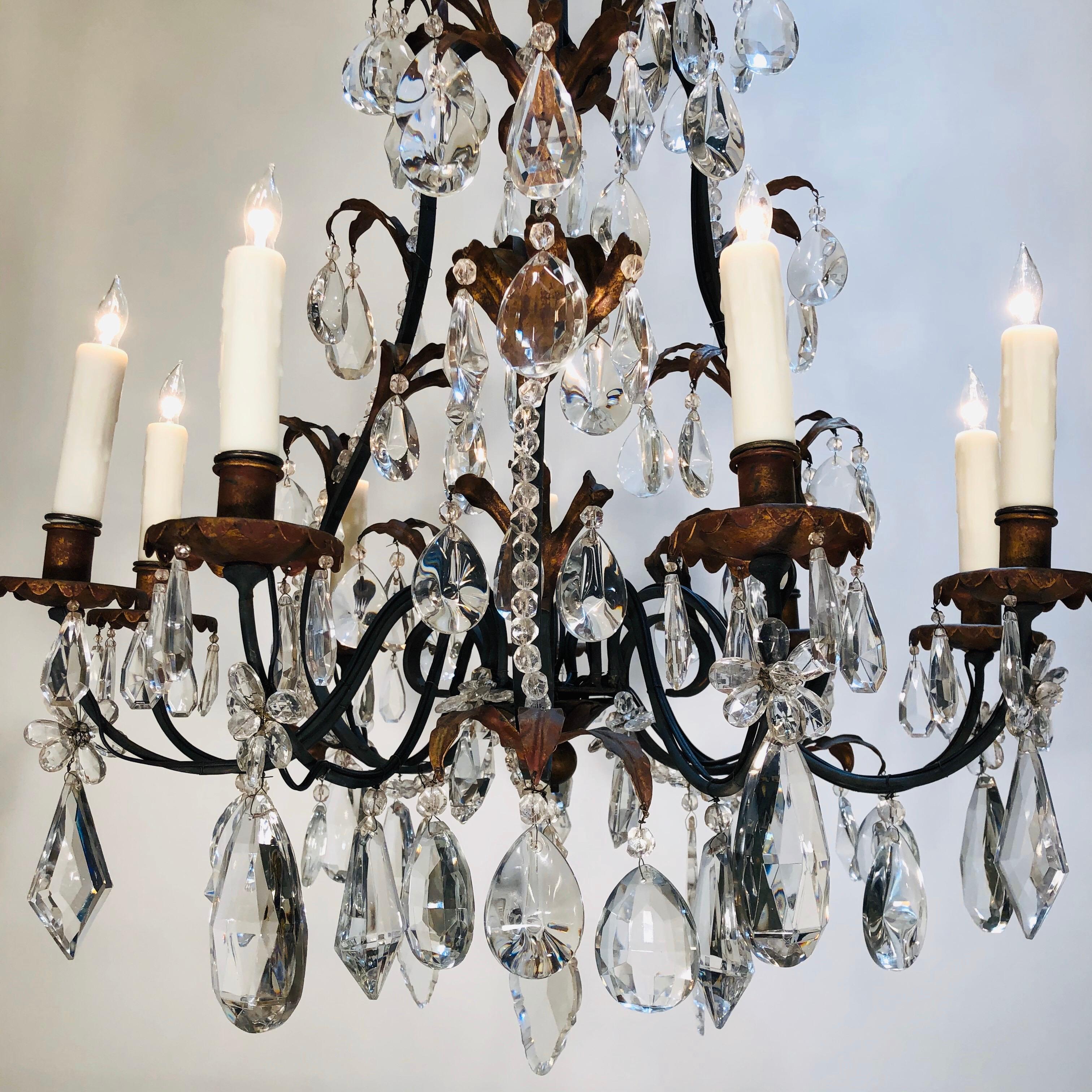 This sophisticated French Tole, iron, and crystal chandelier has an open birdcage form with nine lighted branches coming out. The chandelier has gilt tole foliates adorning the iron frame and branches of the fixture with lead crystal prisms hanging