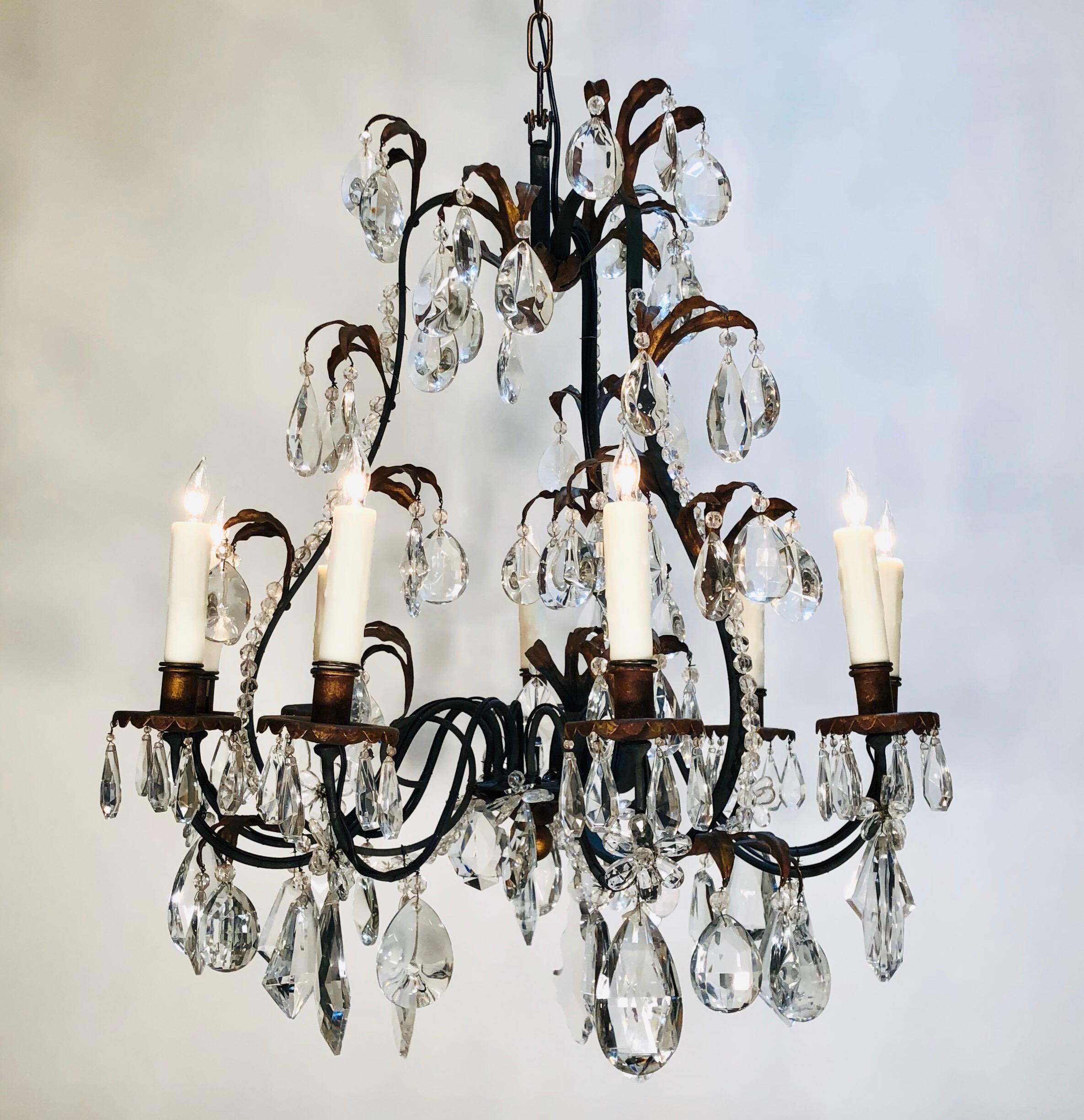 19th Century French Louis XV Style Chinoiserie Iron and Crystal Chandelier For Sale 1