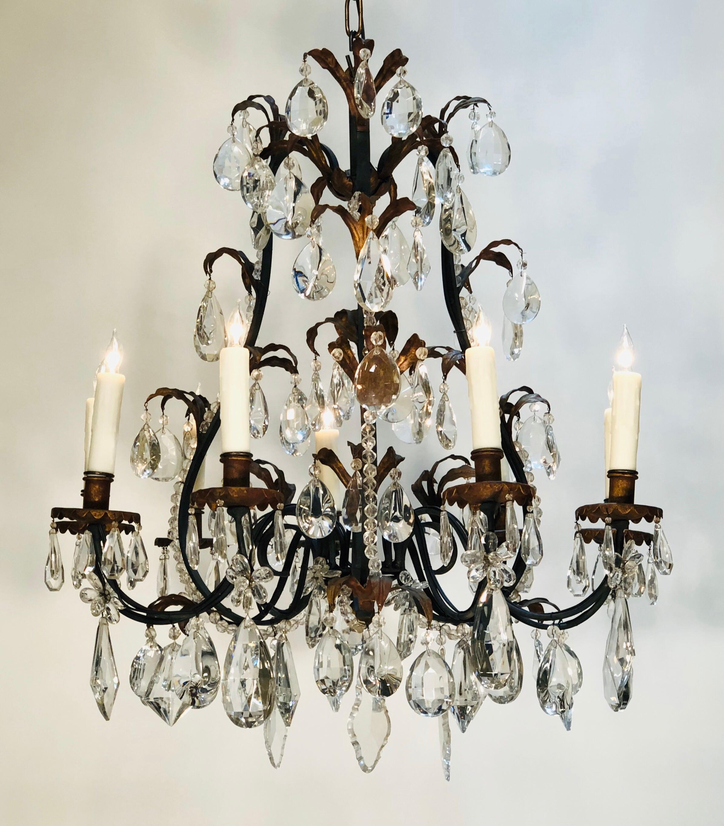 19th Century French Louis XV Style Chinoiserie Iron and Crystal Chandelier For Sale 2
