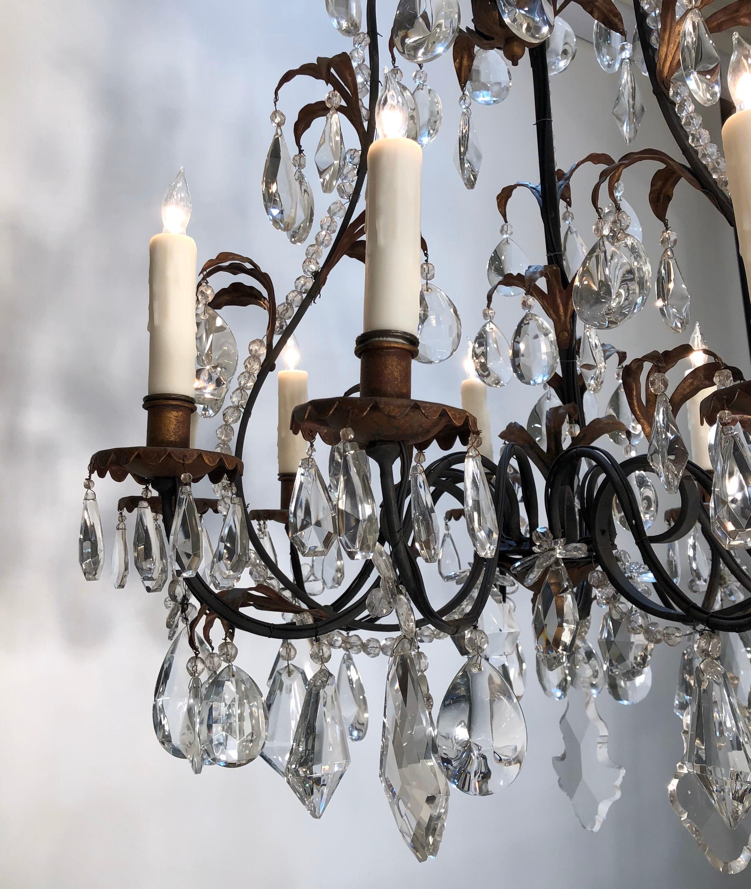 19th Century French Louis XV Style Chinoiserie Iron and Crystal Chandelier For Sale 4