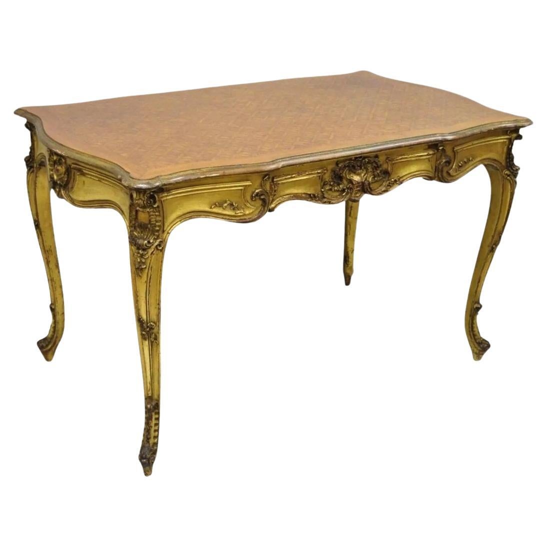 19th C. French Louis XV Style Gold Giltwood Writing Desk w/ Marquetry Inlay Top
