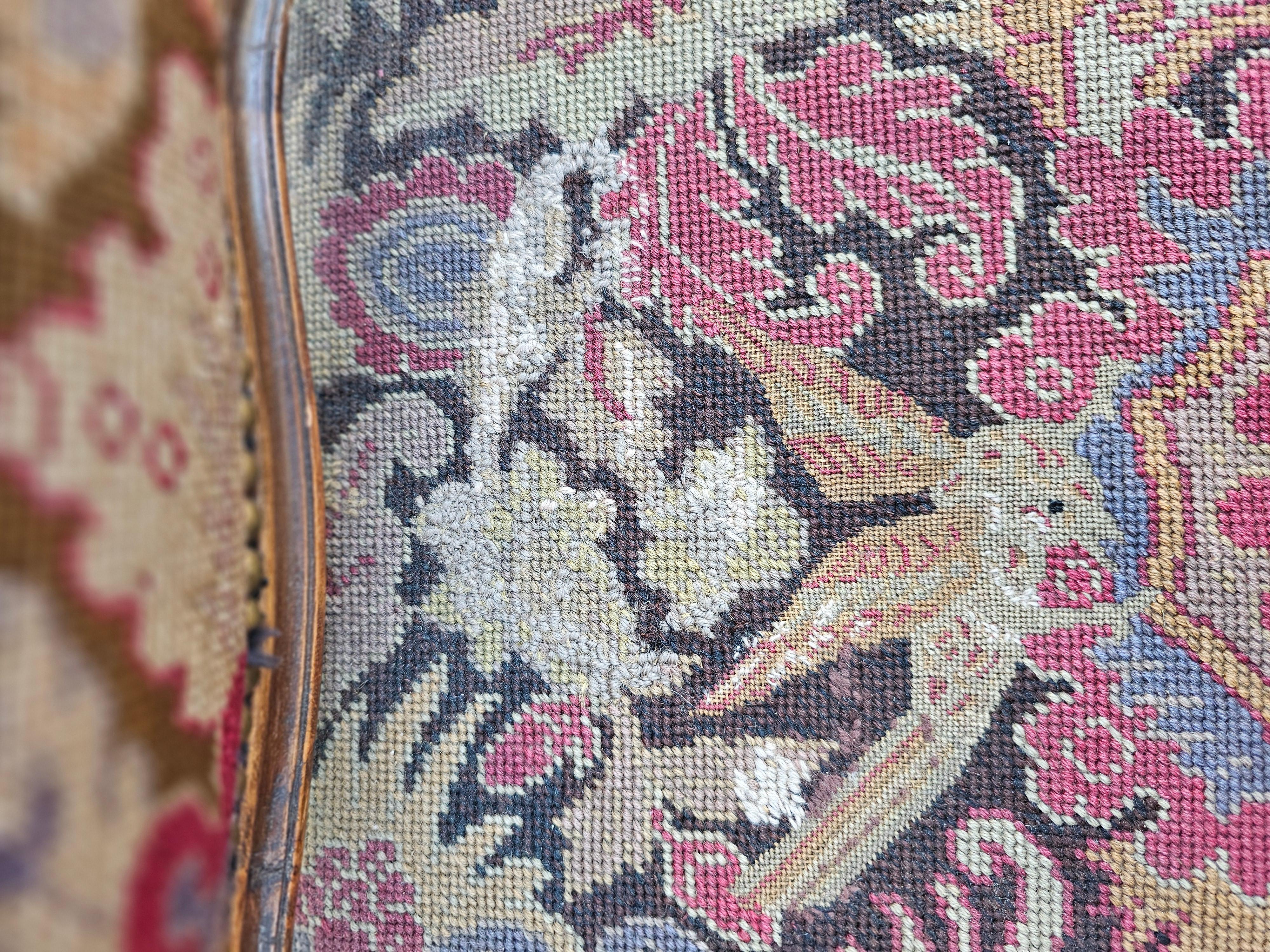 19th C. French Louis XV Style Mahogany and Needlepoint Tapestry Fauteuils, Pair For Sale 13