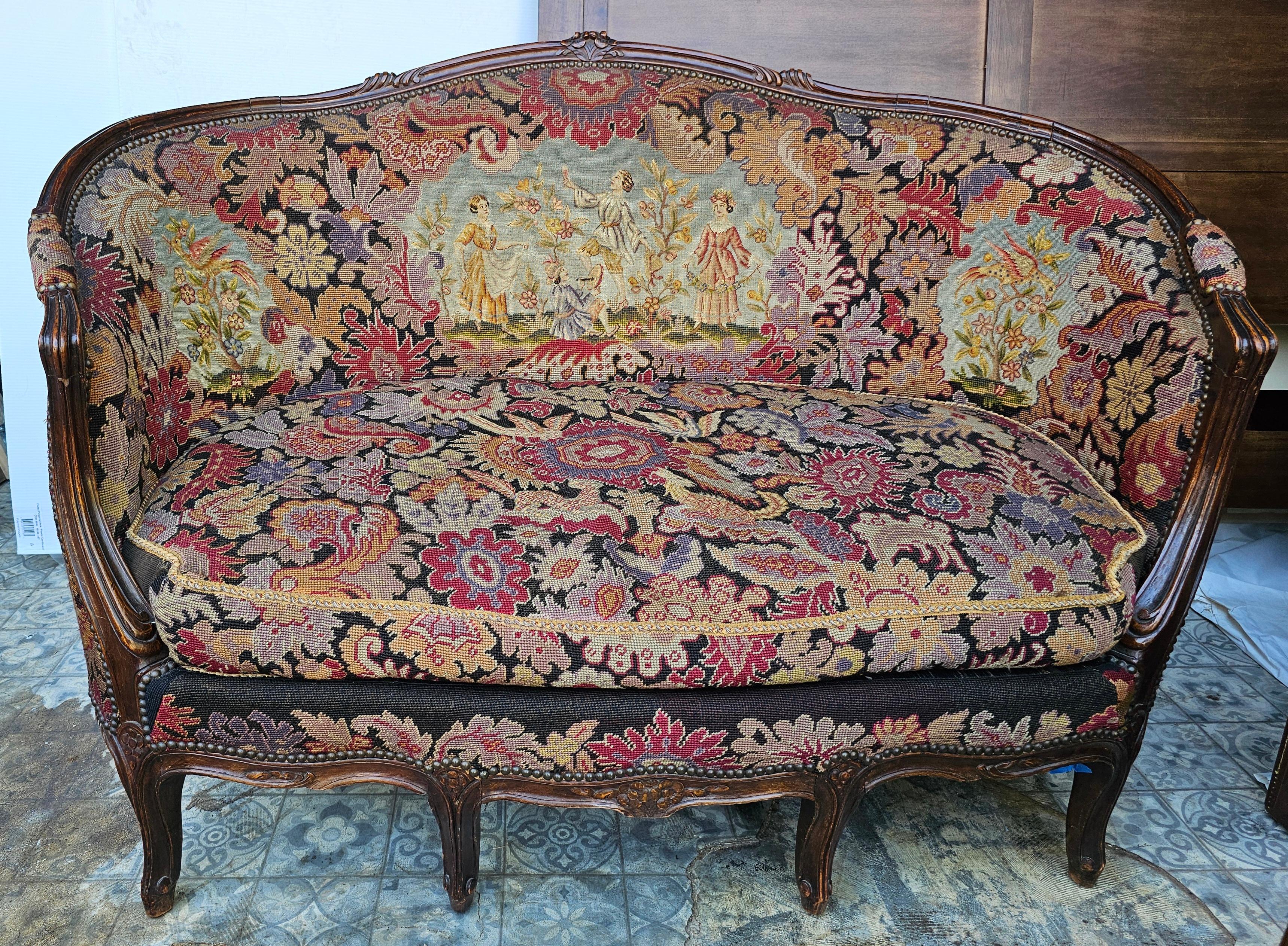 19th C. French Louis XV Style Mahogany and Needlepoint Tapestry Settee For Sale 6