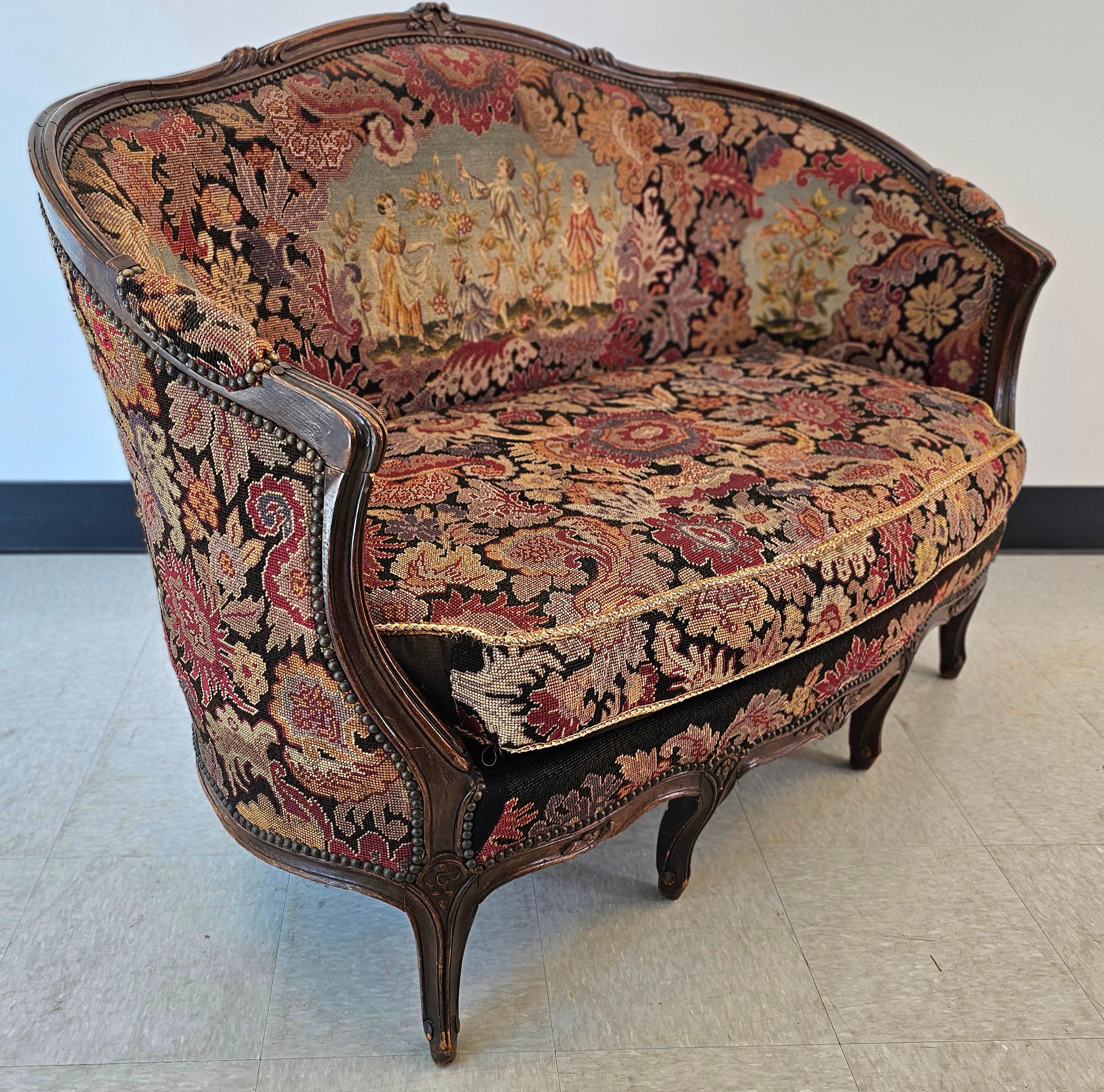 American 19th C. French Louis XV Style Mahogany and Needlepoint Tapestry Settee For Sale