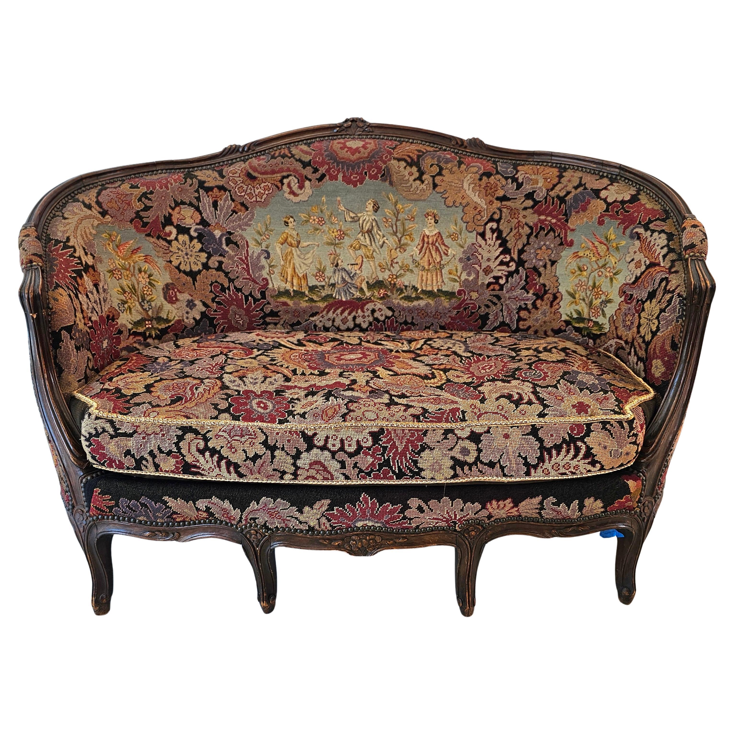 19th C. French Louis XV Style Mahogany and Needlepoint Tapestry Settee For Sale
