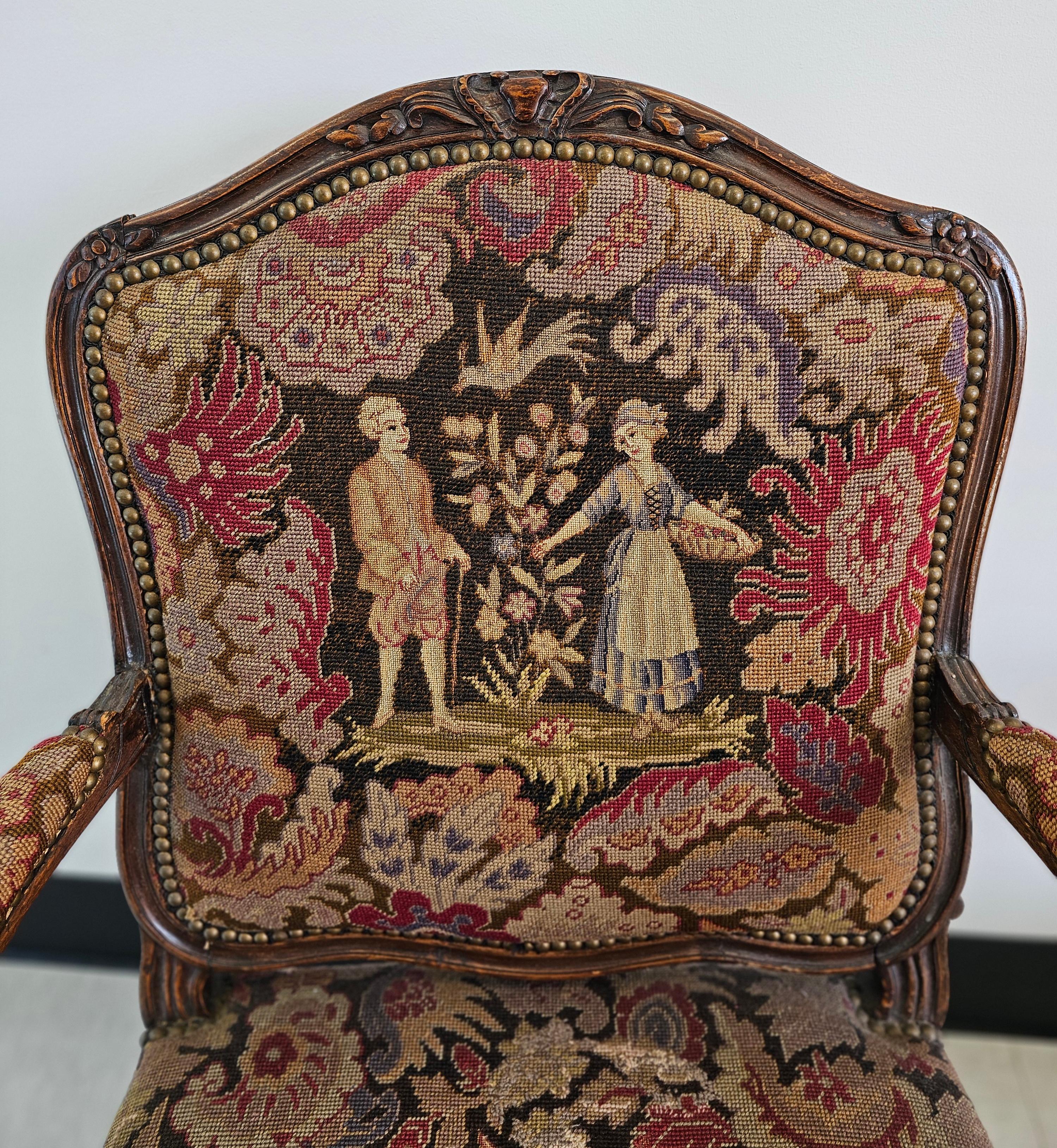 19th C. French Louis XV Style Mahogany and Needlepoint Tapestry Fauteuils, Pair For Sale 8
