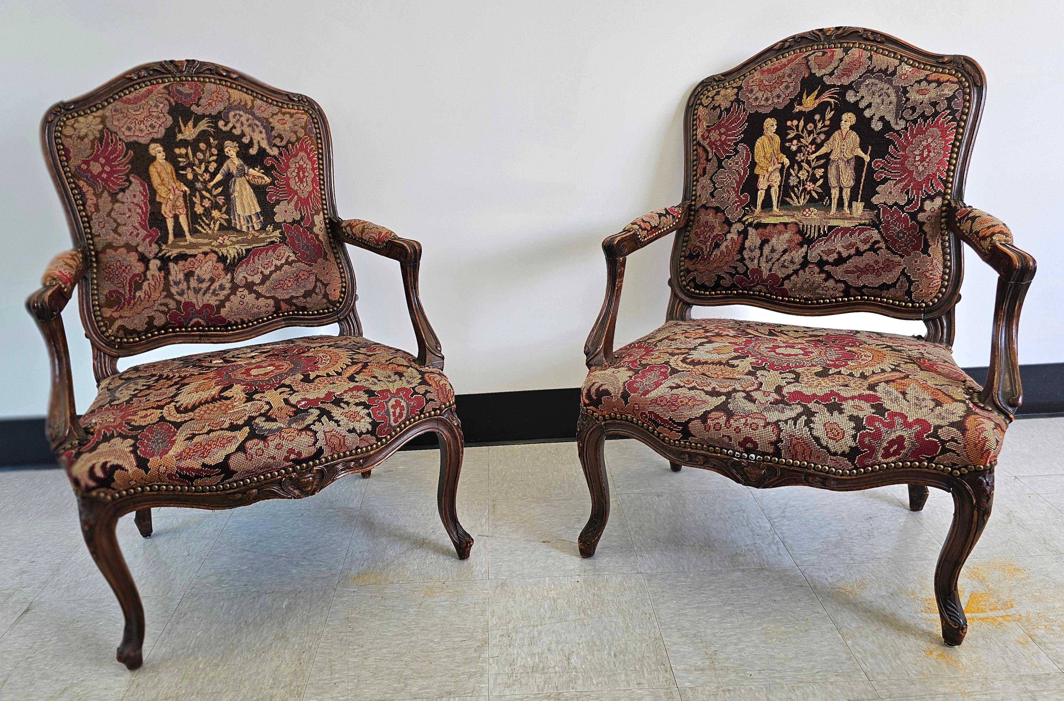 Louis XVI 19th C. French Louis XV Style Mahogany and Needlepoint Tapestry Fauteuils, Pair For Sale