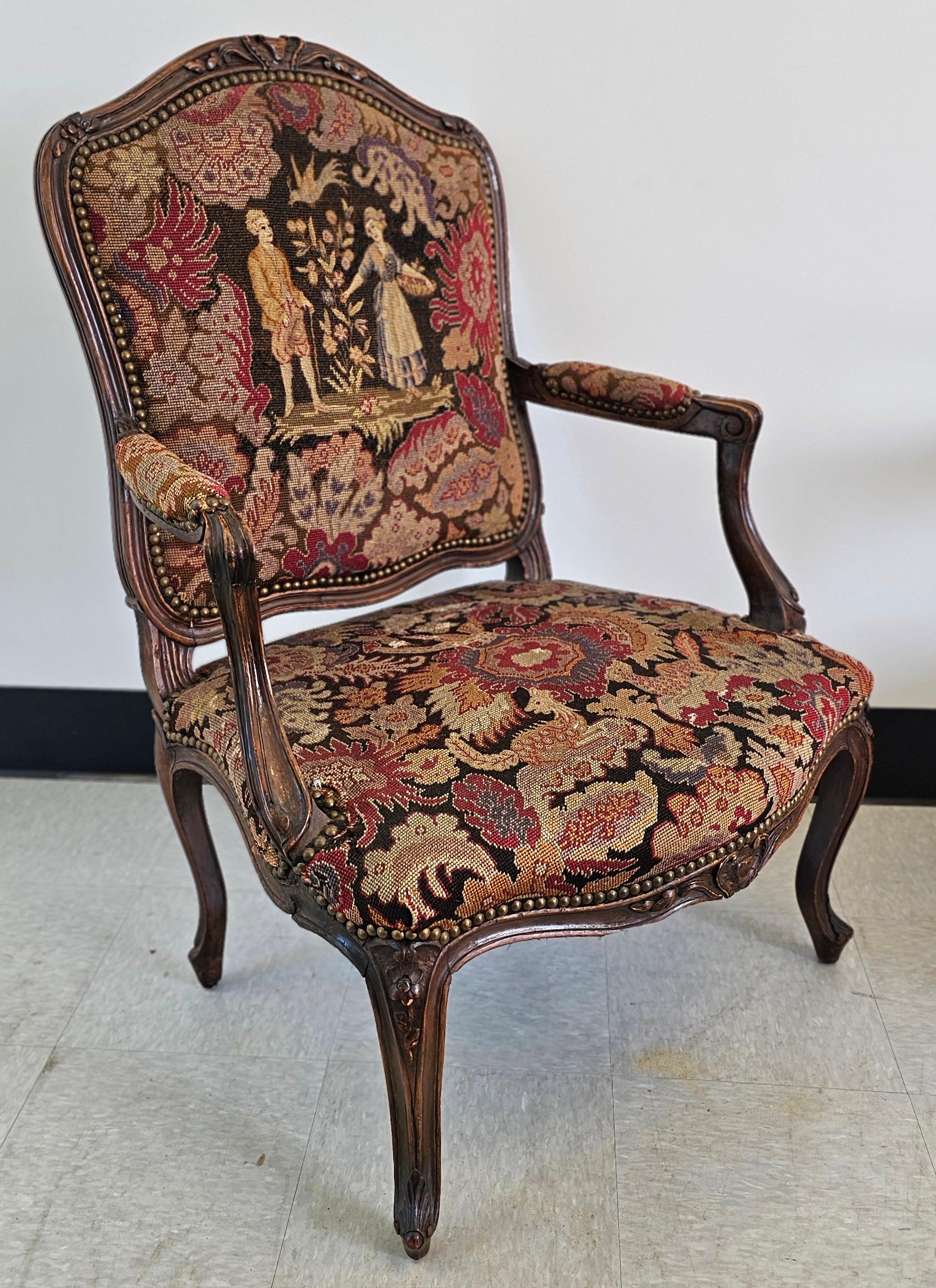 American 19th C. French Louis XV Style Mahogany and Needlepoint Tapestry Fauteuils, Pair For Sale