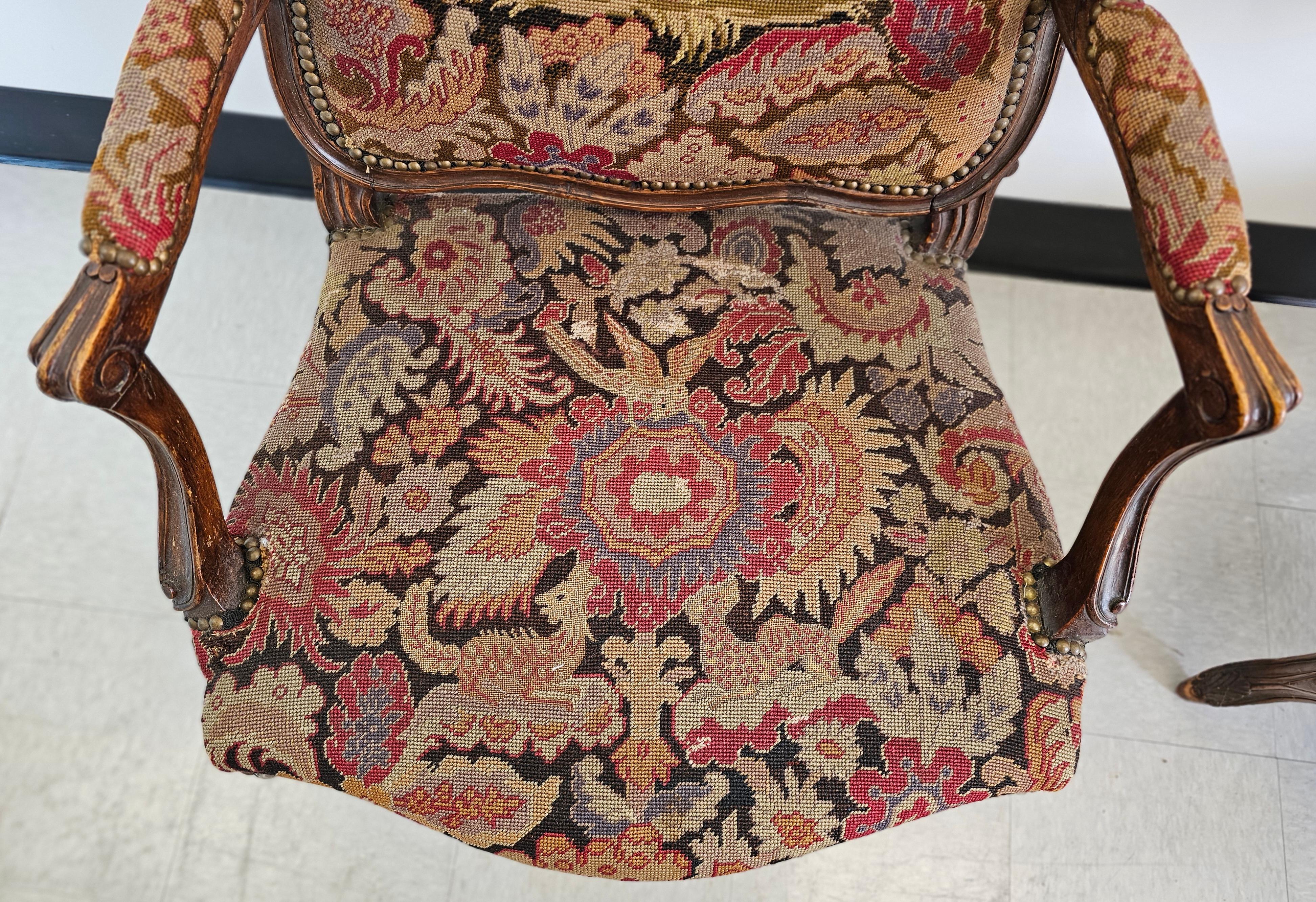 Hand-Crafted 19th C. French Louis XV Style Mahogany and Needlepoint Tapestry Fauteuils, Pair For Sale