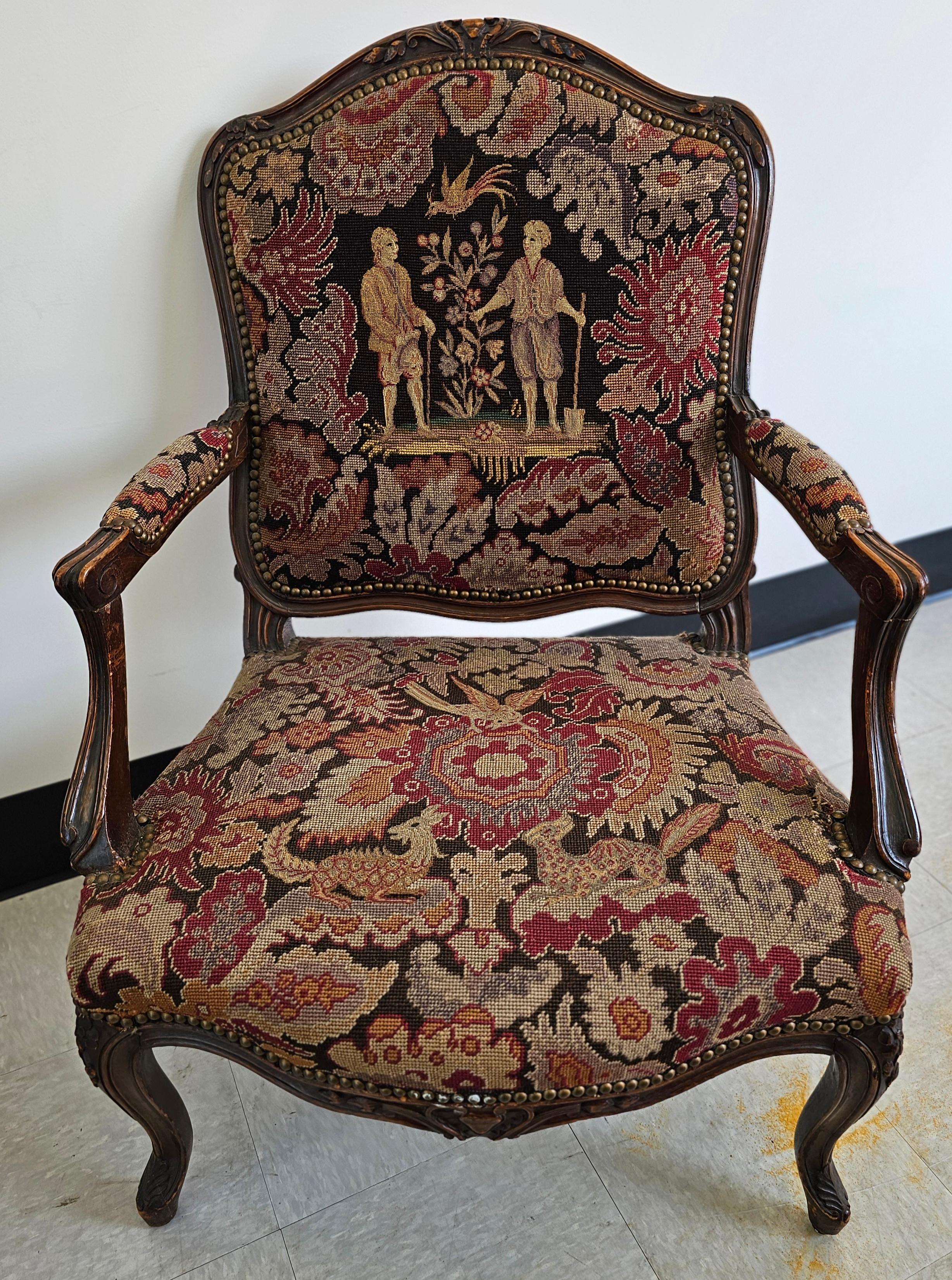 19th Century 19th C. French Louis XV Style Mahogany and Needlepoint Tapestry Fauteuils, Pair For Sale