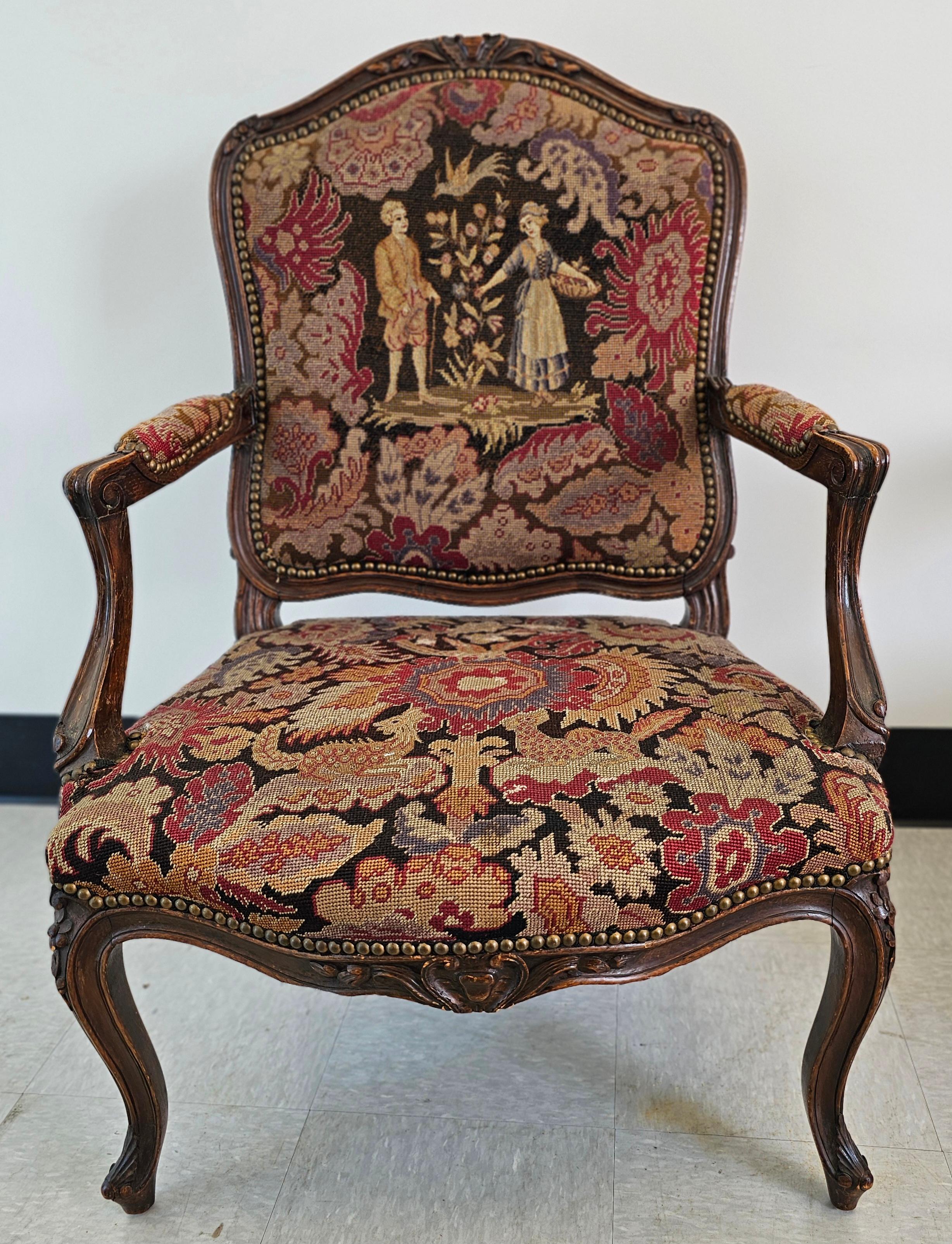 19th C. French Louis XV Style Mahogany and Needlepoint Tapestry Fauteuils, Pair For Sale 1